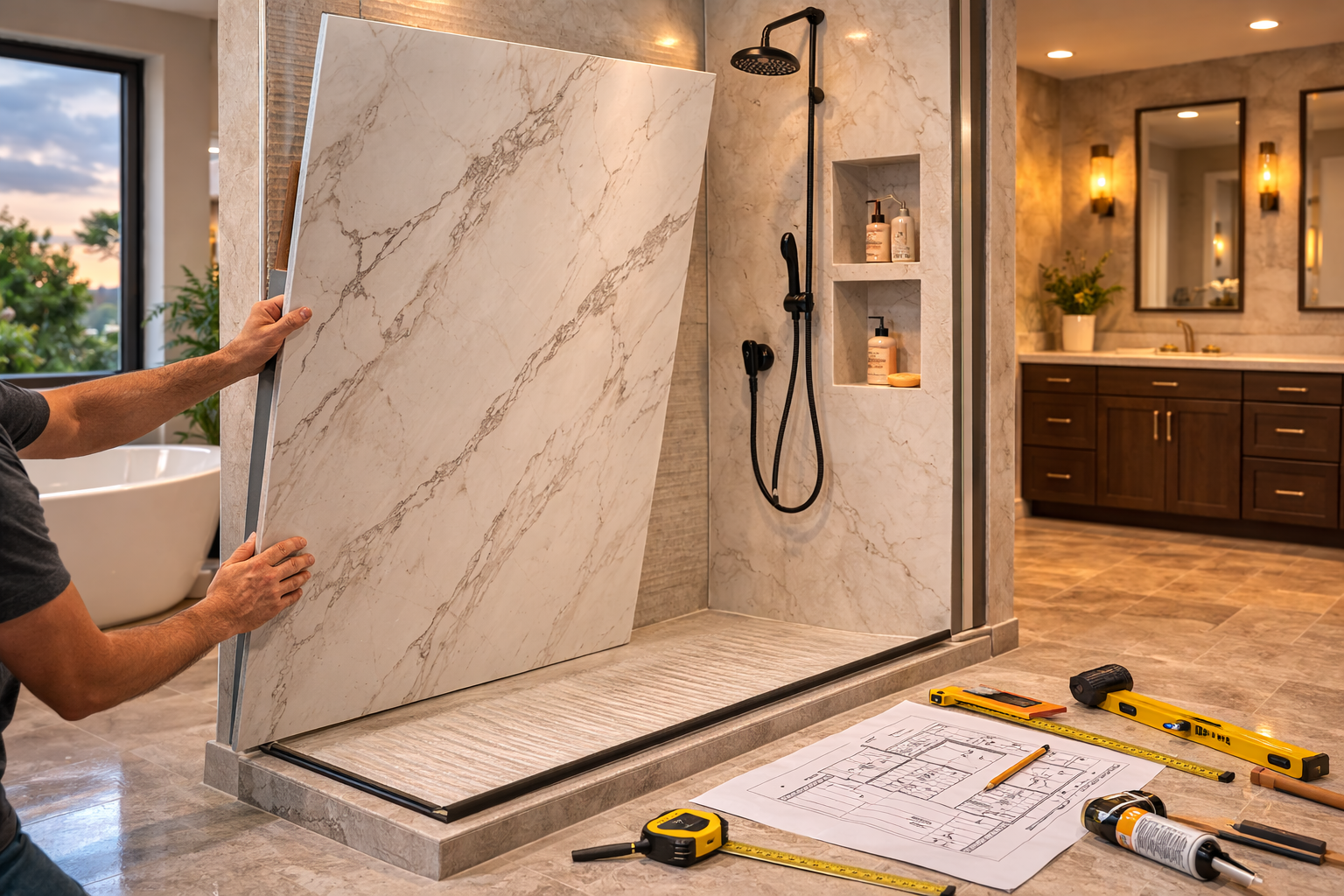 Bathroom wall panel planning graphic with panel styles, seam layout, waterproofing approach, and bathroom wall measurements