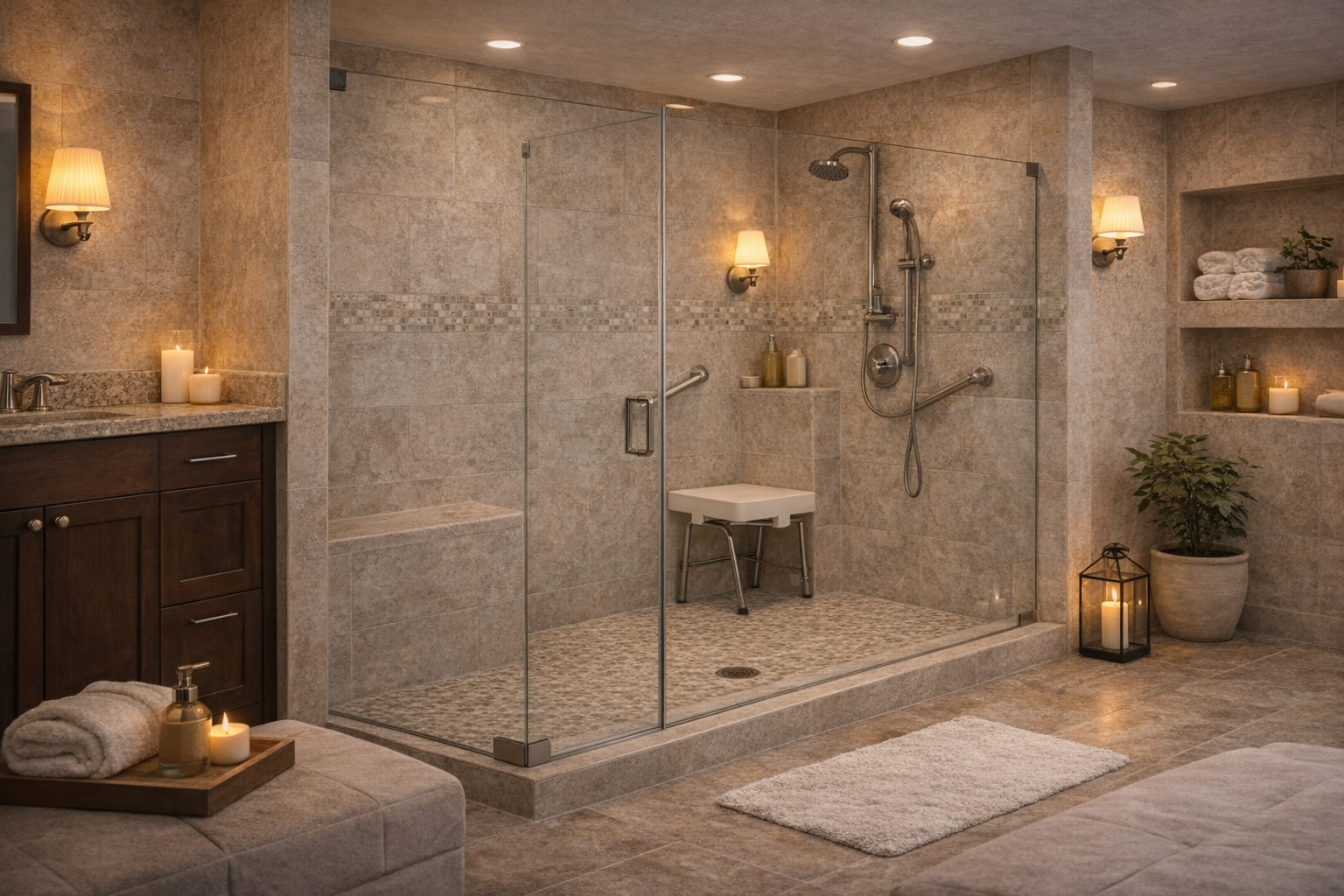Walk-in shower with frameless glass panels, minimal hardware, tiled walls, and an open modern bathroom layout