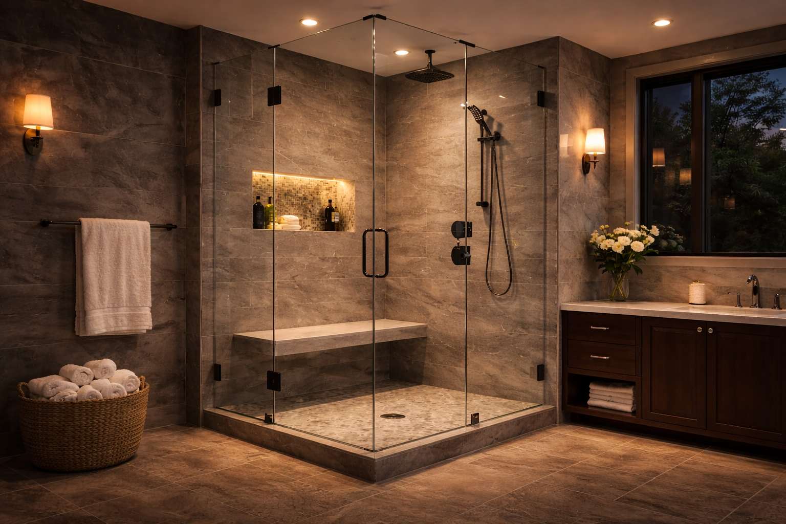 Frameless glass shower planning graphic with panel layout, door swing, hardware finish, and opening measurements