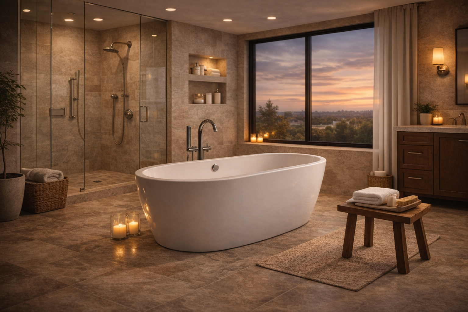 Bathroom with a freestanding bathtub, open floor space, floor-mounted filler, and a refined focal-point layout