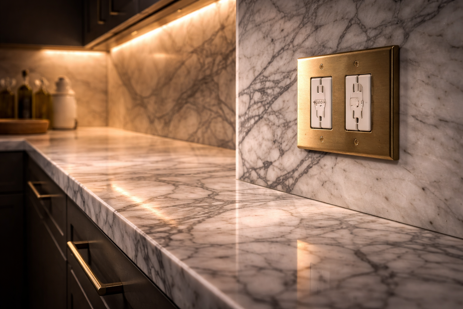 Kitchen with a full slab backsplash, continuous stone veining, matching countertop surface, and clean wall coverage behind the range