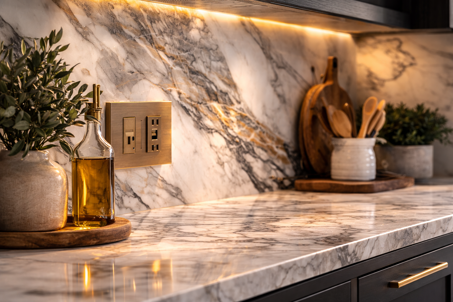 Full slab backsplash planning graphic with stone continuity, seam strategy, outlet placement, and countertop matching notes