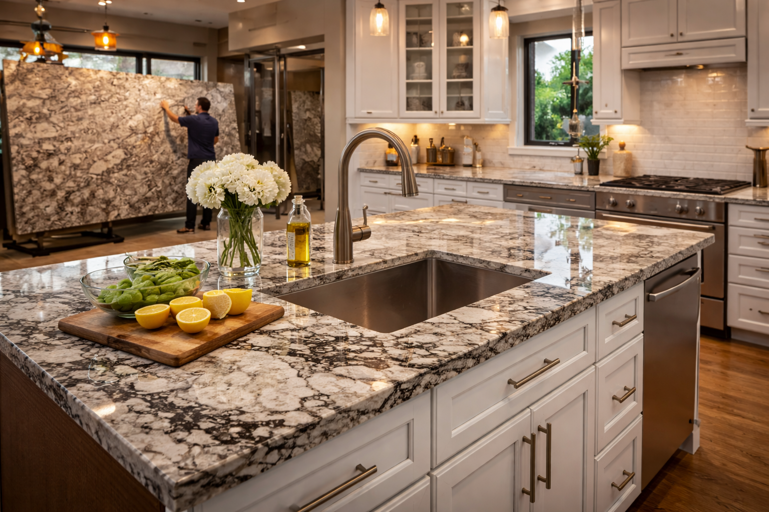 Kitchen with granite countertops, natural stone patterning, polished surface, and coordinated island and perimeter cabinets