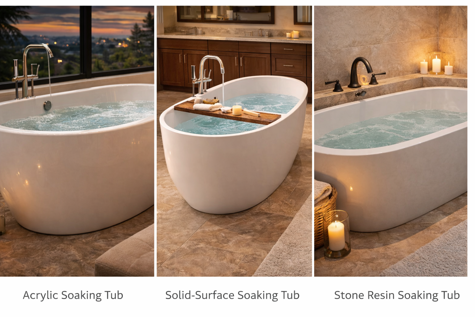 Soaking tub materials and components including tub shell, drain assembly, overflow, faucet hardware, and surrounding floor and wall finishes