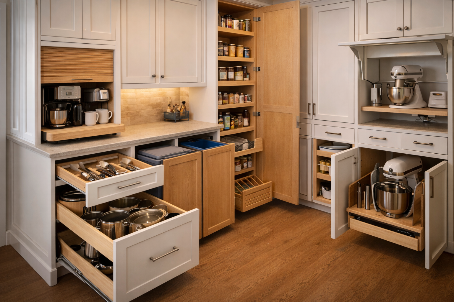 Custom cabinet storage with deep drawers, pull-outs, vertical dividers, and fitted organization around kitchen tasks