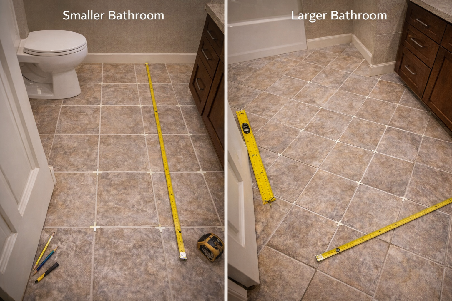 Bathroom flooring layout plan showing tile direction, transition points, fixture footprint, and room flow around key areas