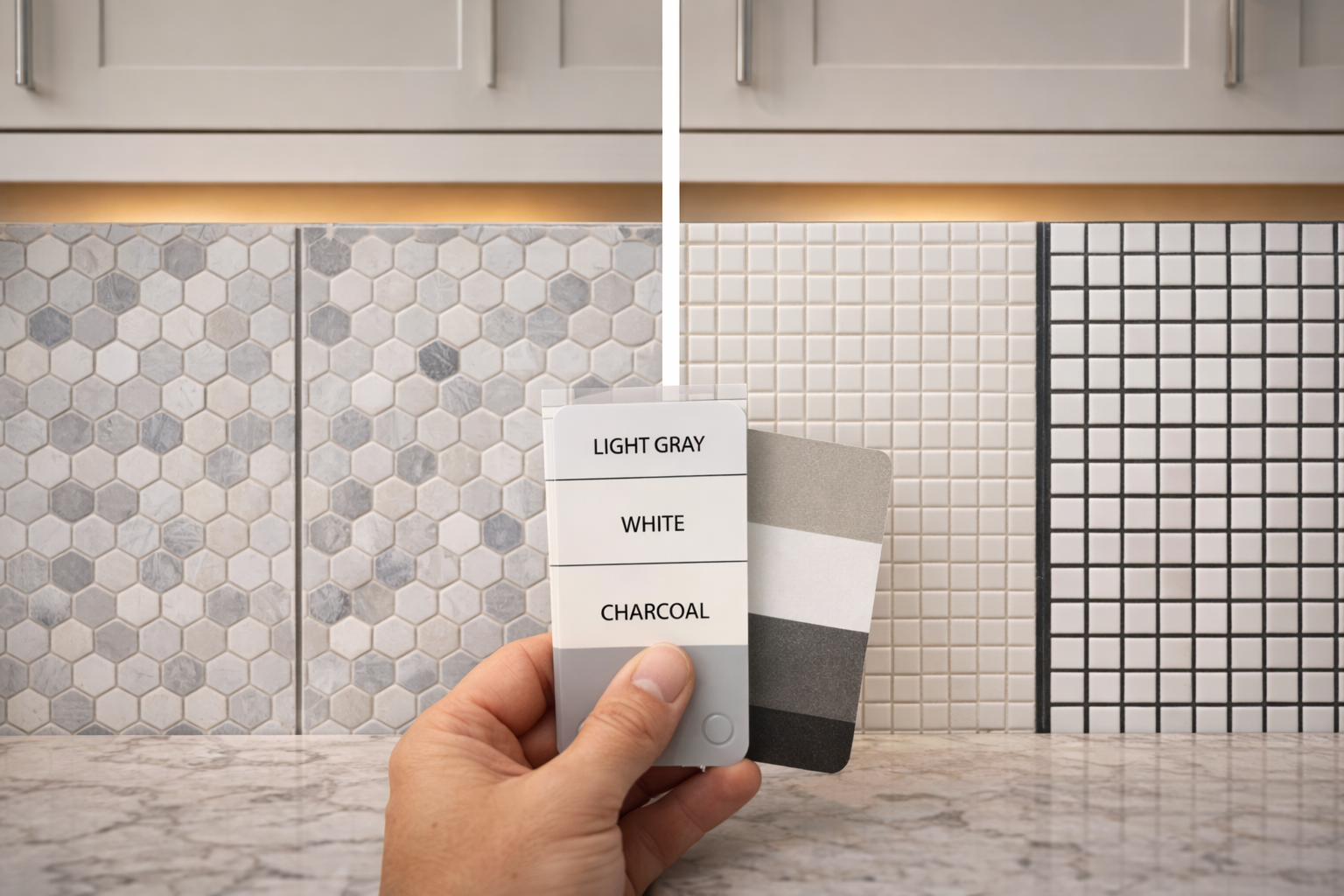 Mosaic tile backsplash layout showing how grout color, tile scale, and pattern density change the finished kitchen wall look