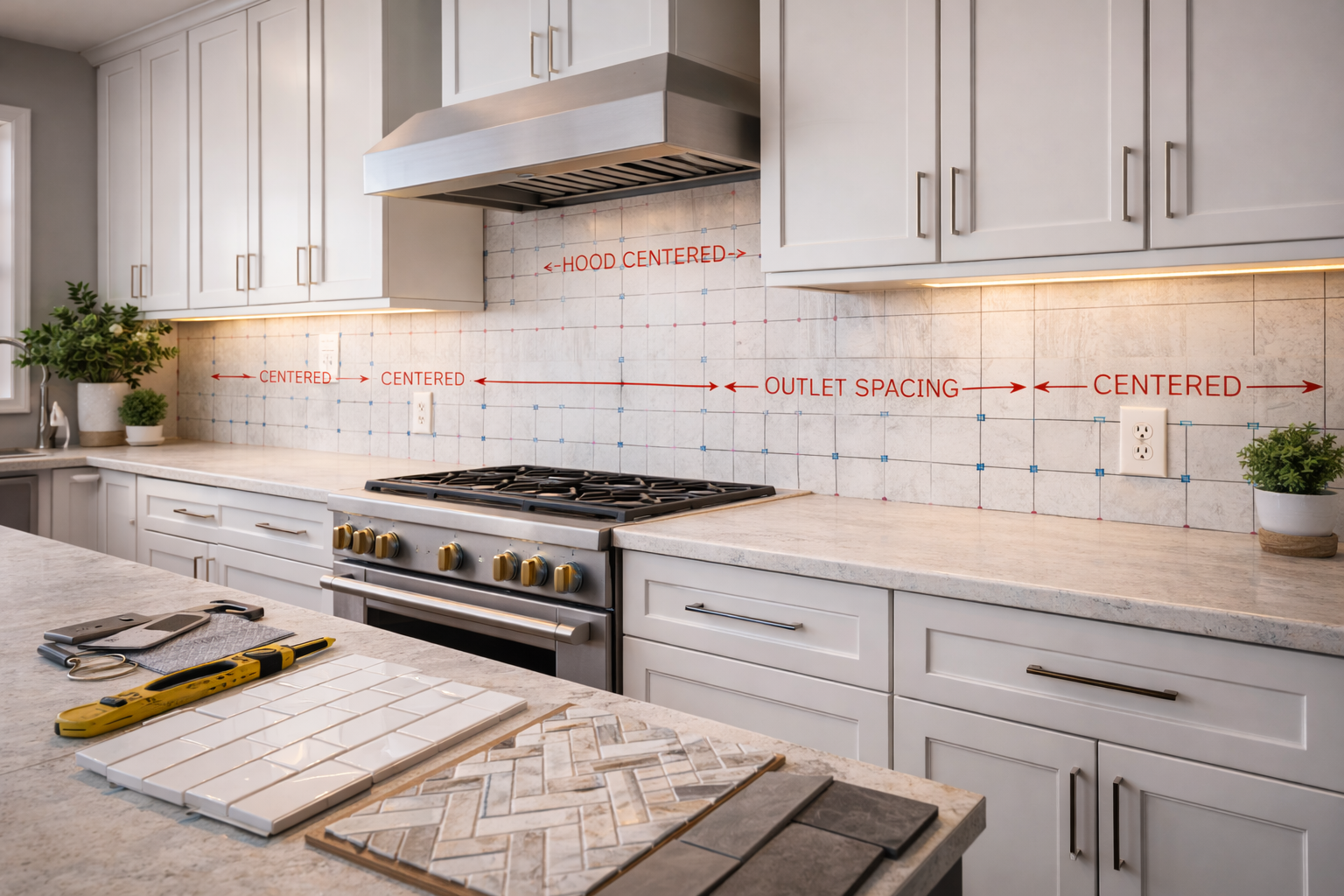 Kitchen backsplash layout plan showing wall dimensions, outlet placement, cabinet spacing, and termination points around counters and hoods
