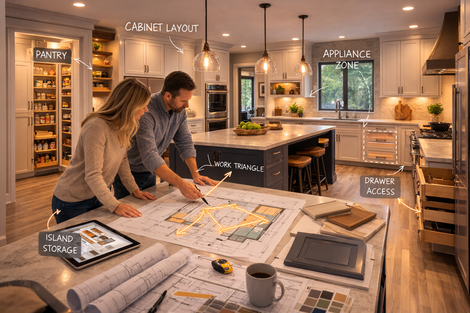 Cabinet remodel layout plan showing wall runs, pantry zones, drawer banks, appliance openings, and circulation space
