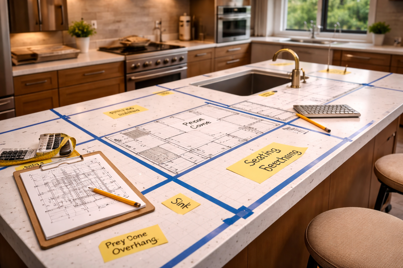 Countertop remodel layout plan showing seam locations, island sizing, sink cutouts, overhangs, and cabinet alignment