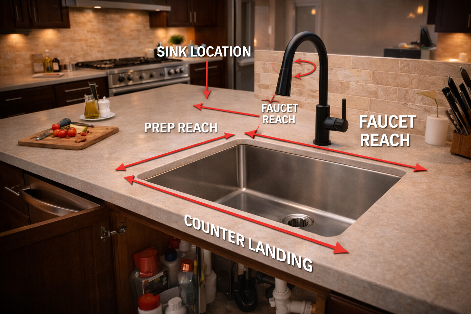 Kitchen sink remodel layout plan showing sink position, faucet reach, countertop cutouts, cabinet fit, and work-zone spacing