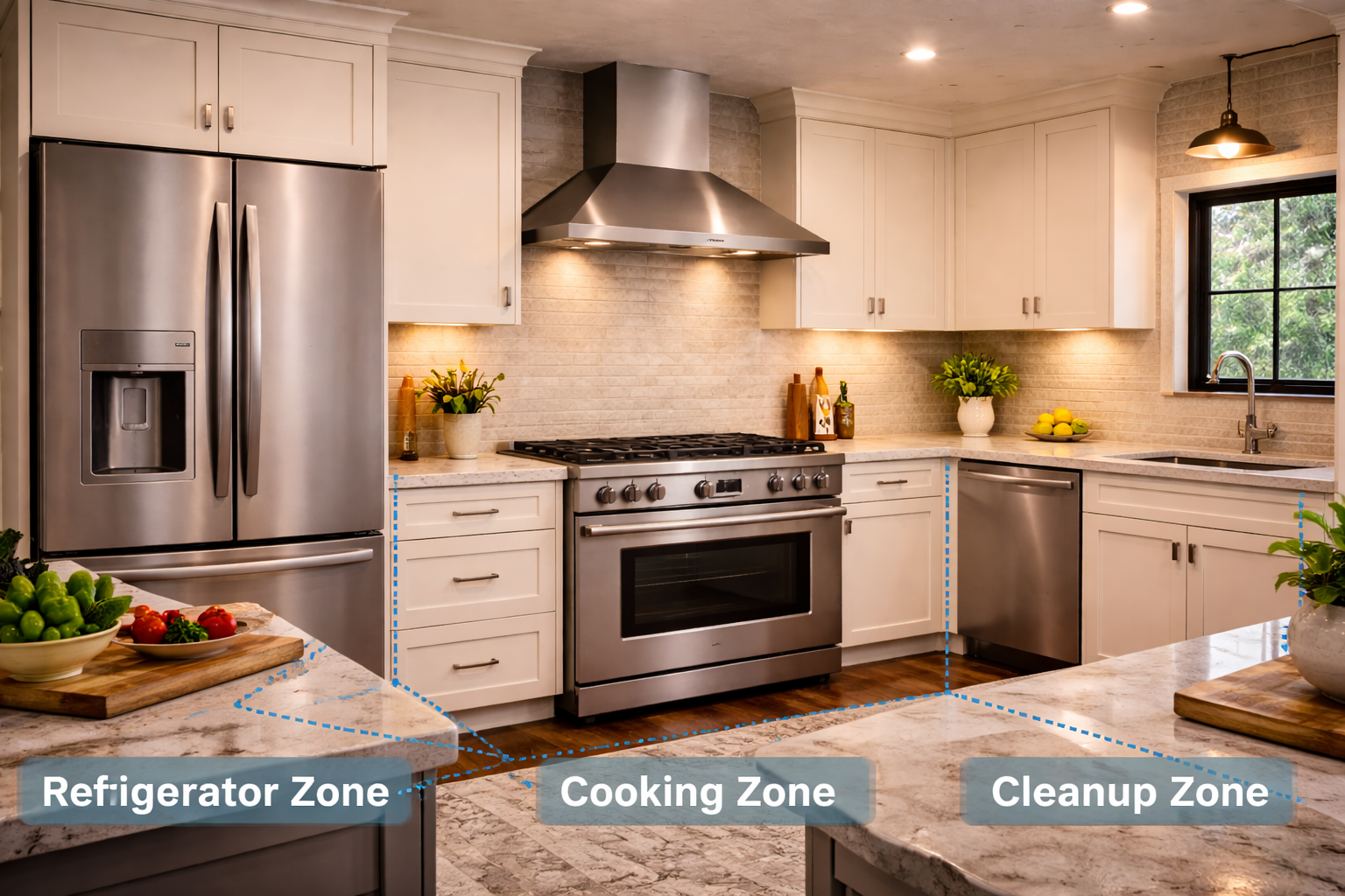 Kitchen appliance layout plan showing work zones, clearances, island spacing, door swing, and cabinet fit dimensions