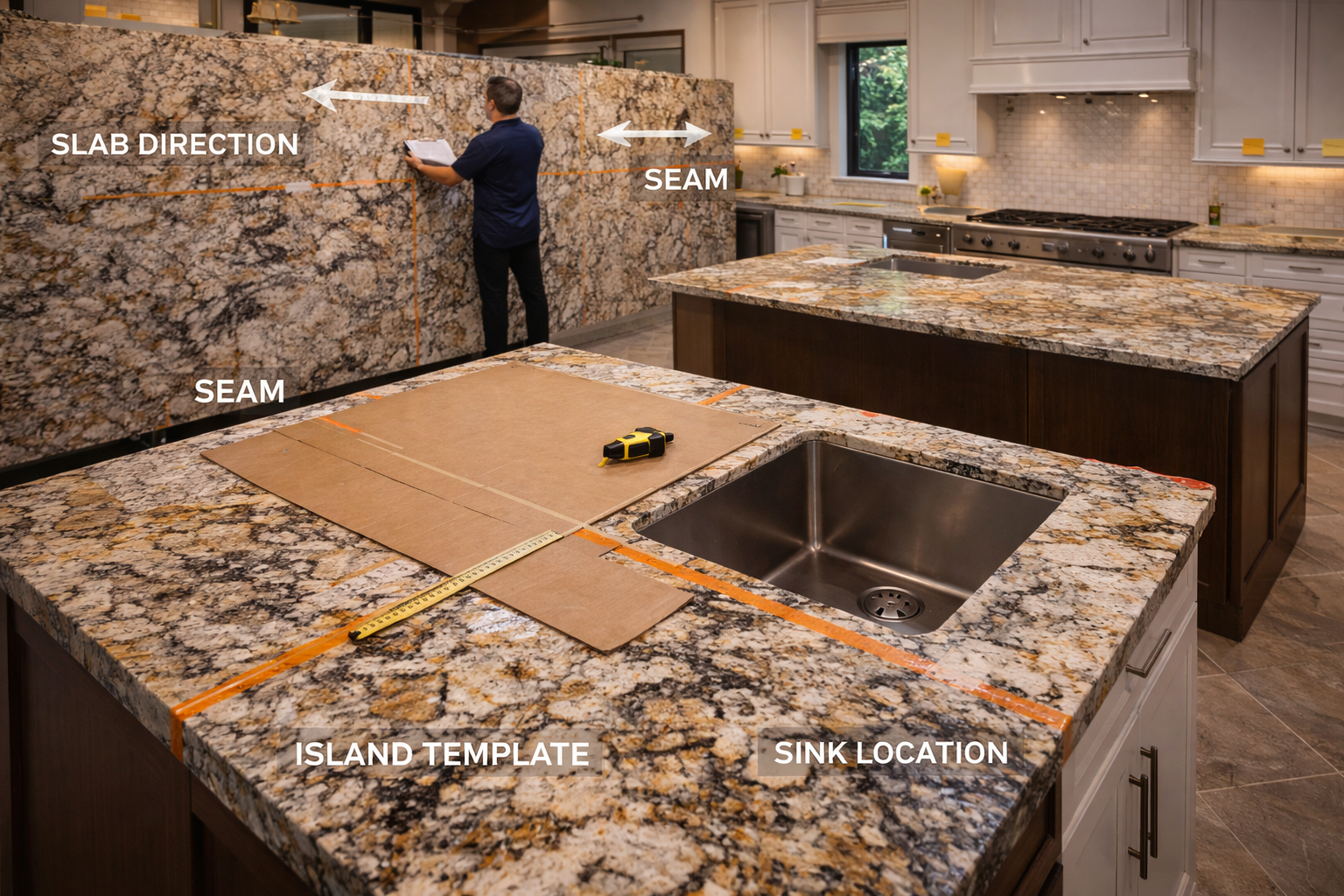 Granite countertop layout plan showing slab direction, seam placement, island sizing, and sink and cooktop cutout locations