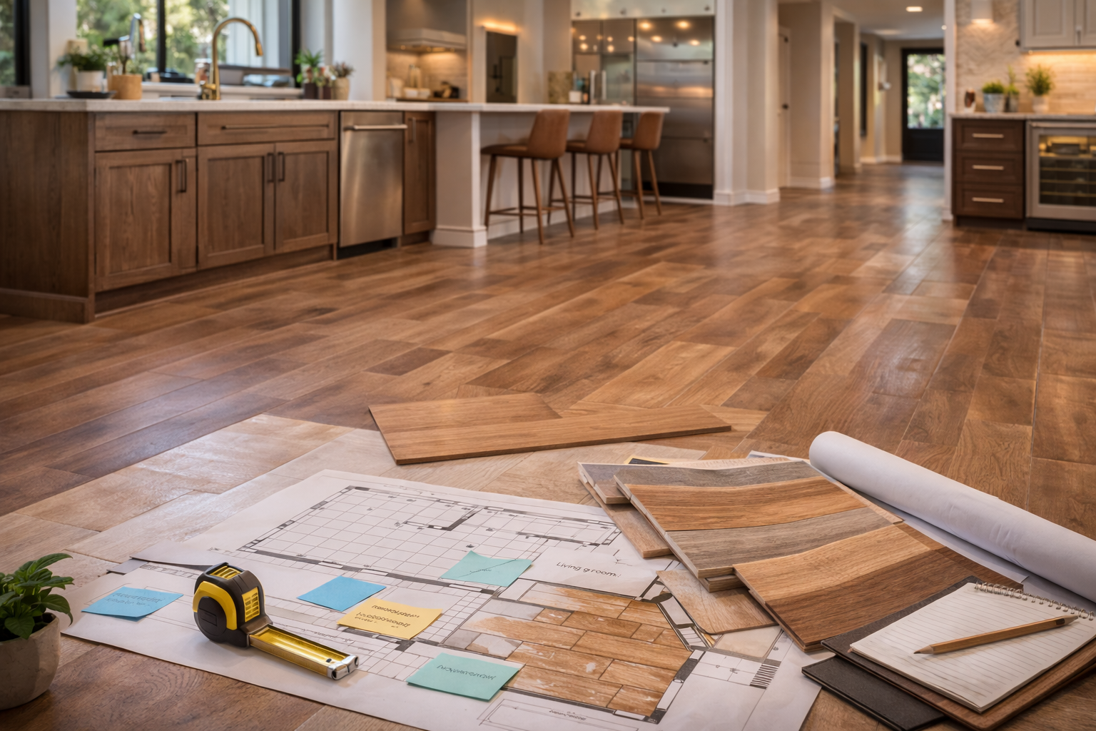 Kitchen flooring layout plan showing plank direction, tile pattern, room flow, cabinet footprint, and transition areas