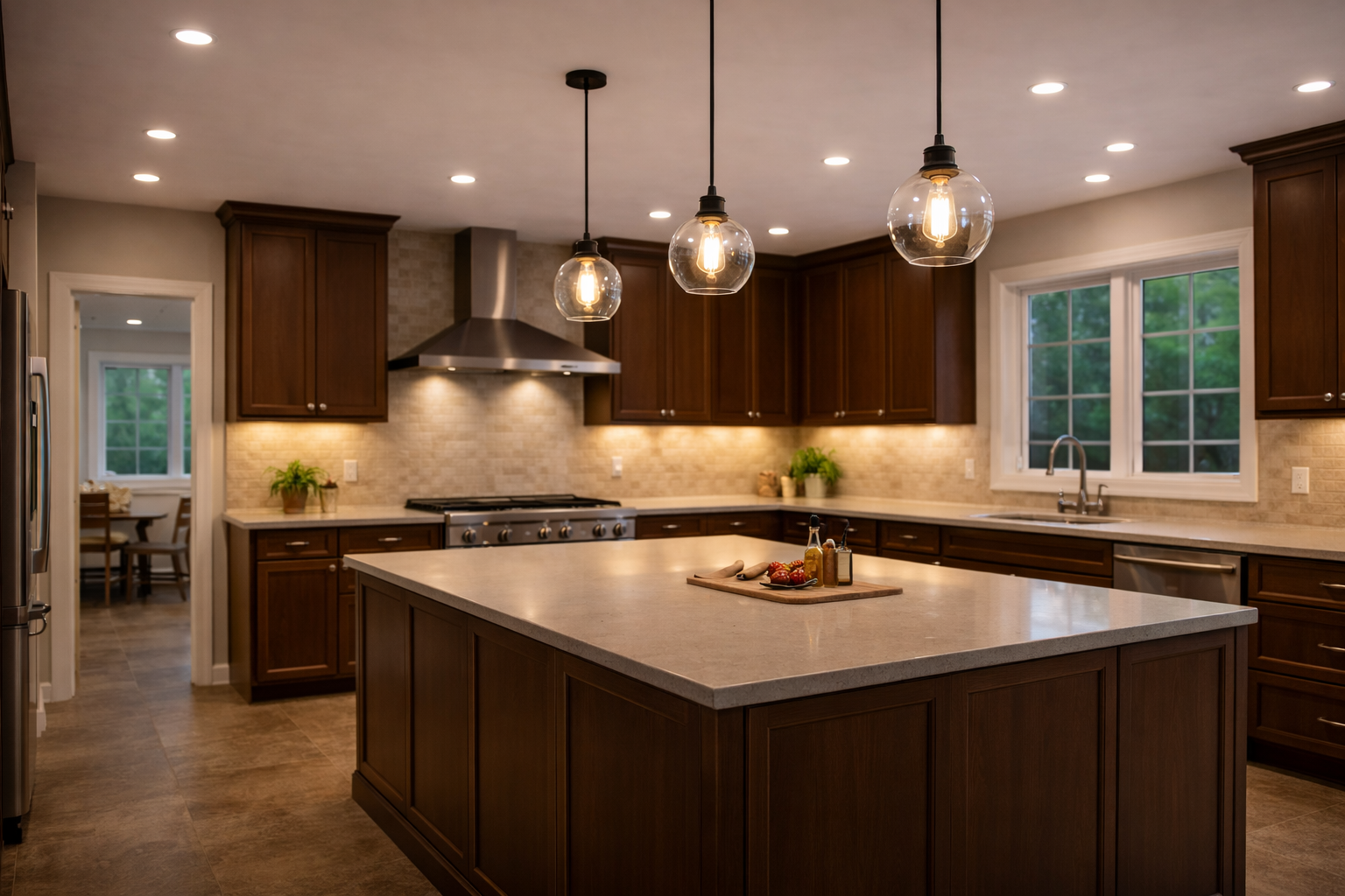 Kitchen lighting layout with island lighting, counter lighting, and fixture spacing
