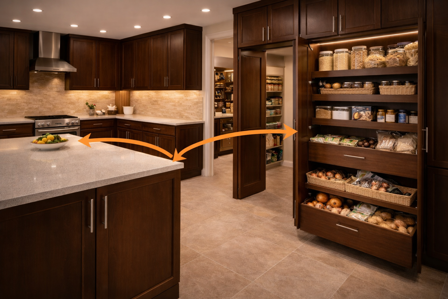 Kitchen pantry layout showing shelf access, cabinet depth, door swing, and storage zones