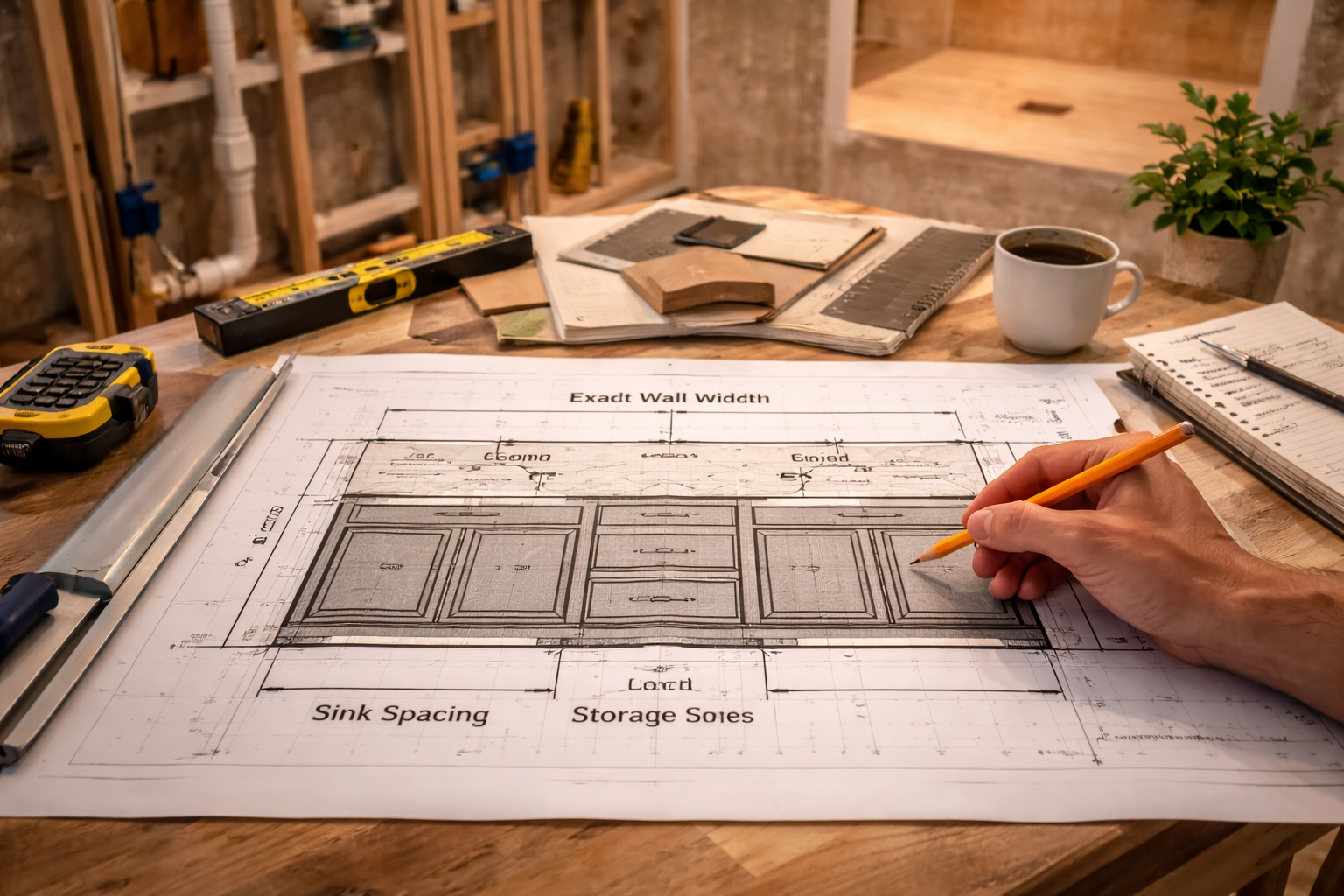 Custom vanity layout plan showing wall width, sink spacing, storage zones, door clearance, and usable countertop depth