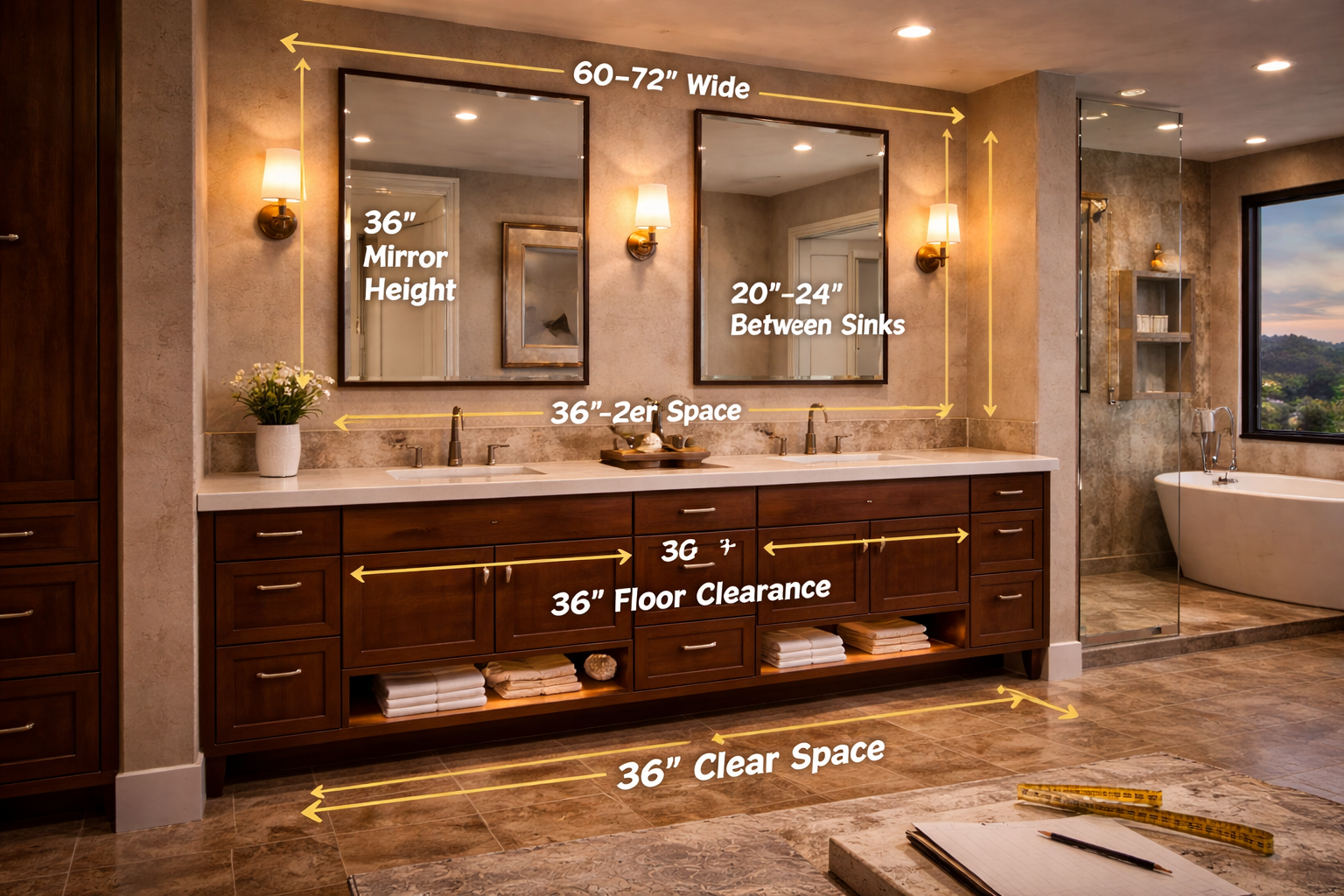 Double vanity layout plan showing sink spacing, walkway clearance, mirror width, and wall-to-wall fit