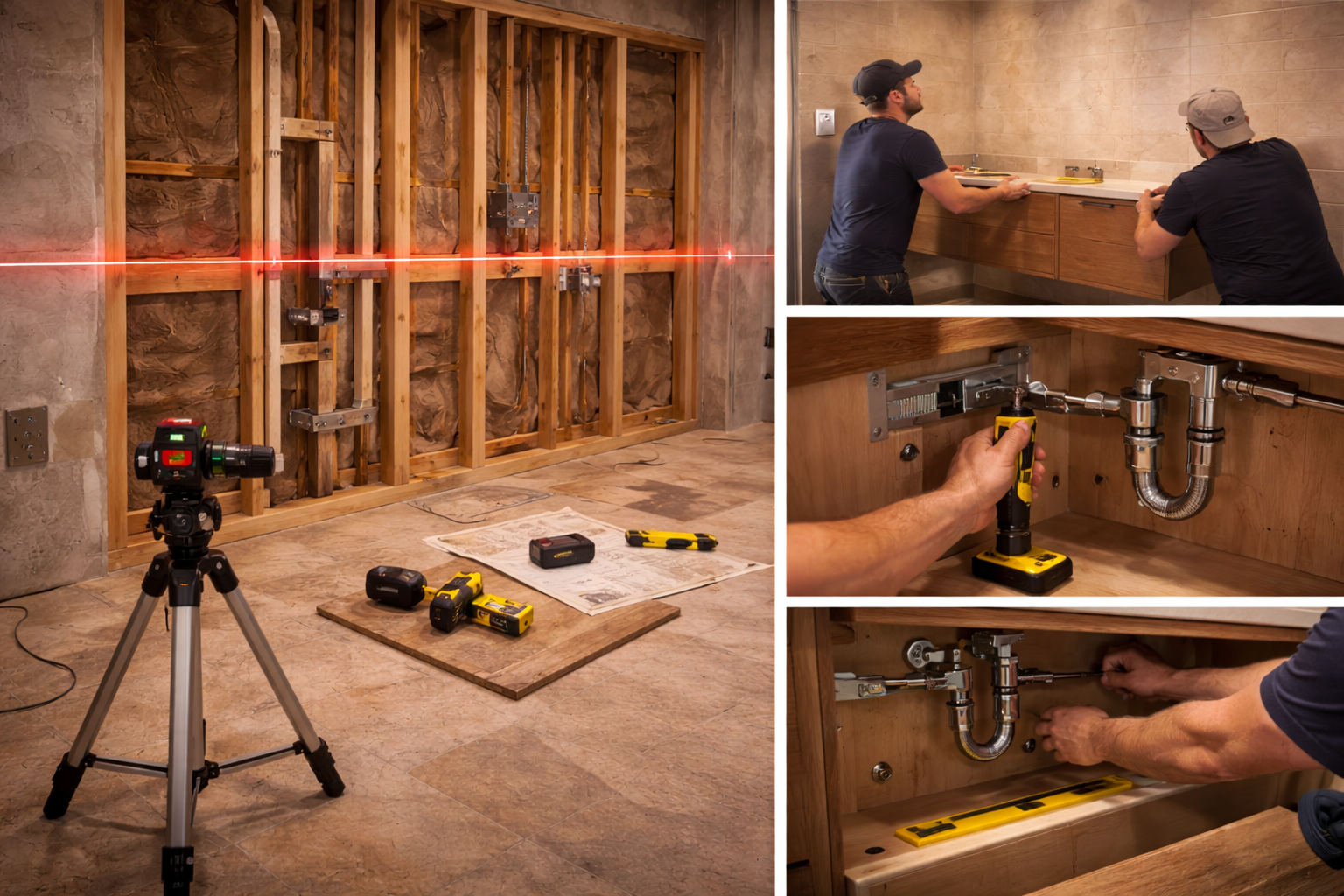 Double floating vanity with lighted mirrors and dimension markers showing open floor clearance below the cabinet