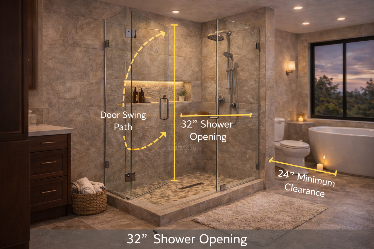Frameless glass shower layout plan showing panel widths, door swing, entry opening, and shower footprint coordination