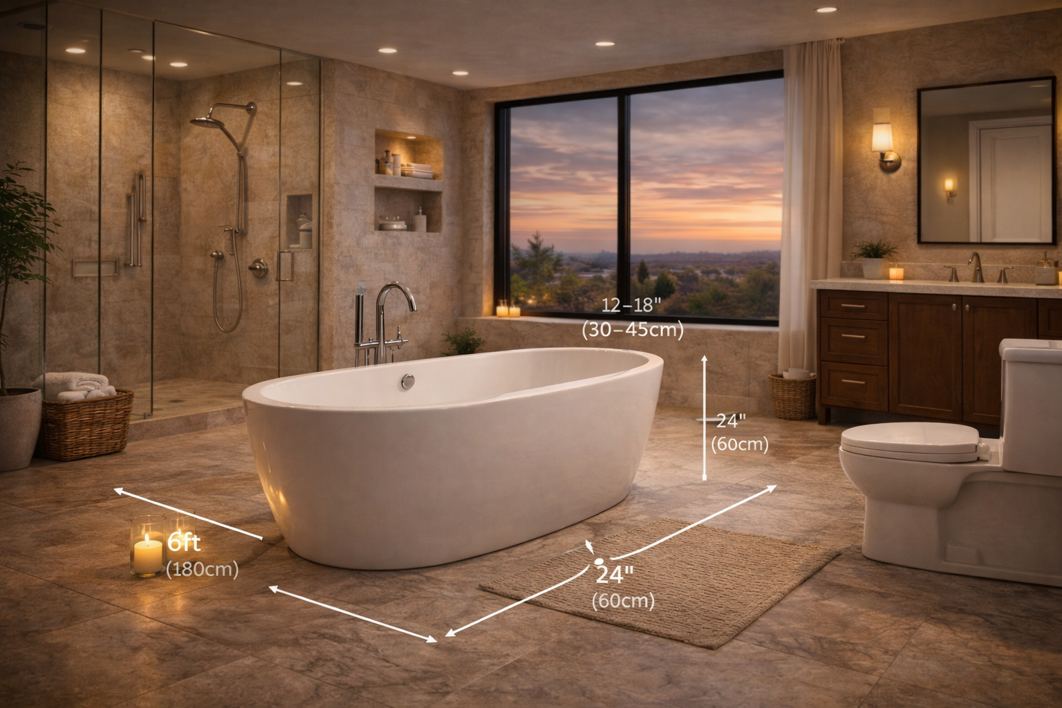 Freestanding bathtub layout plan showing tub footprint, walking clearance, filler location, and spacing from nearby walls and vanities