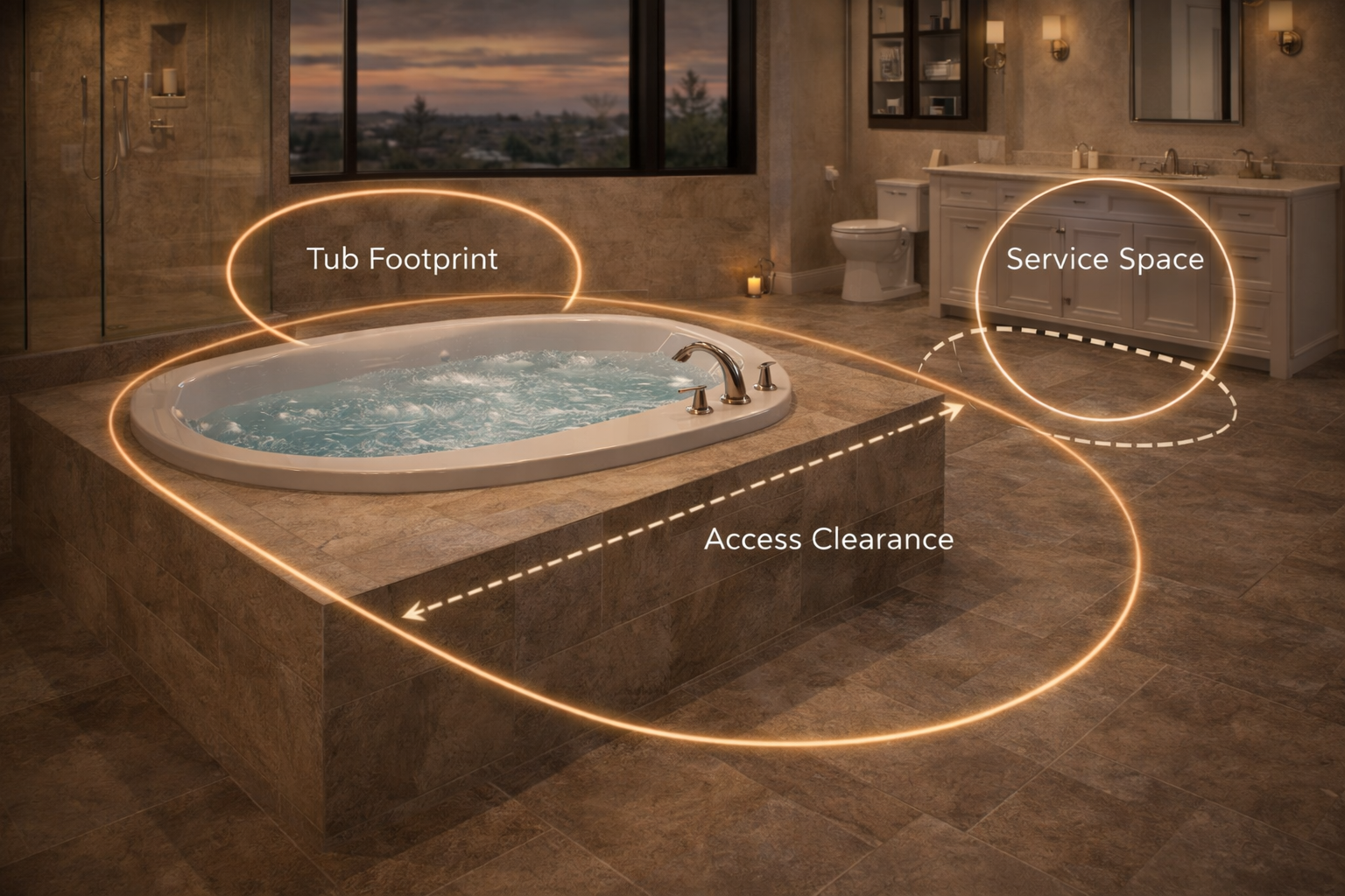 Jetted bathtub layout plan showing tub footprint, service access, surrounding deck space, and walking clearance in the bathroom