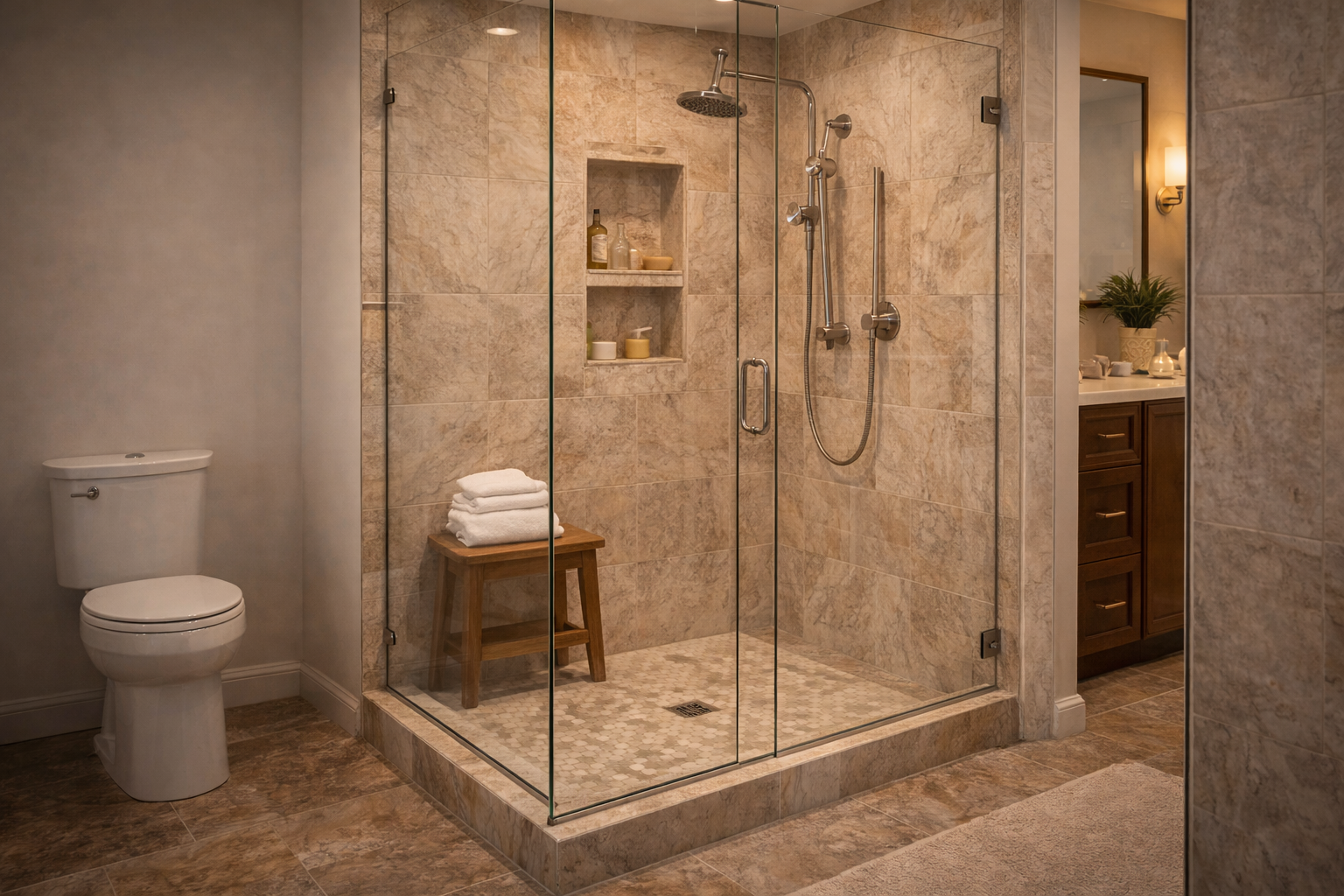 Shower remodel layout plan showing footprint size, entry width, drain position, fixture spacing, and wall layout coordination