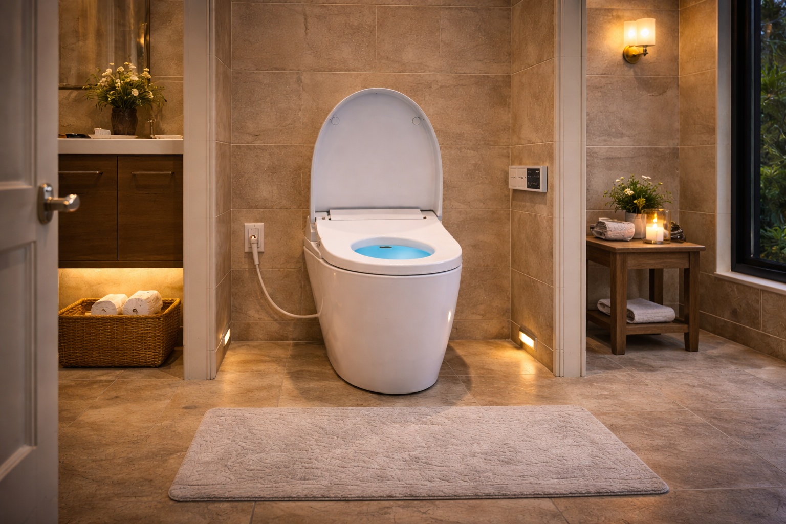 Smart toilet layout plan showing outlet location, side clearances, bowl projection, and access around the fixture