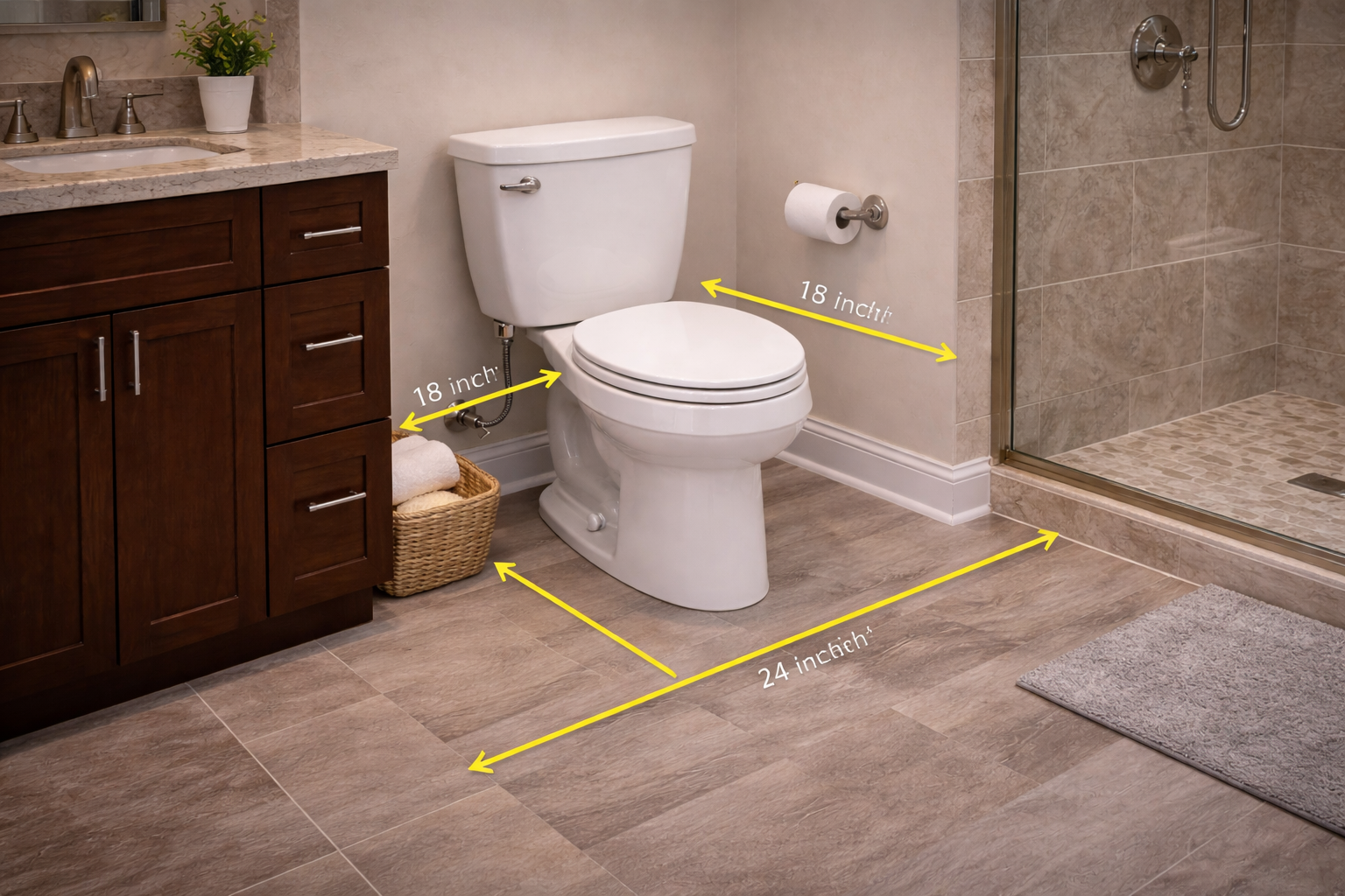 Toilet remodel layout plan showing rough-in position, side clearances, front clearance, and spacing within the bathroom