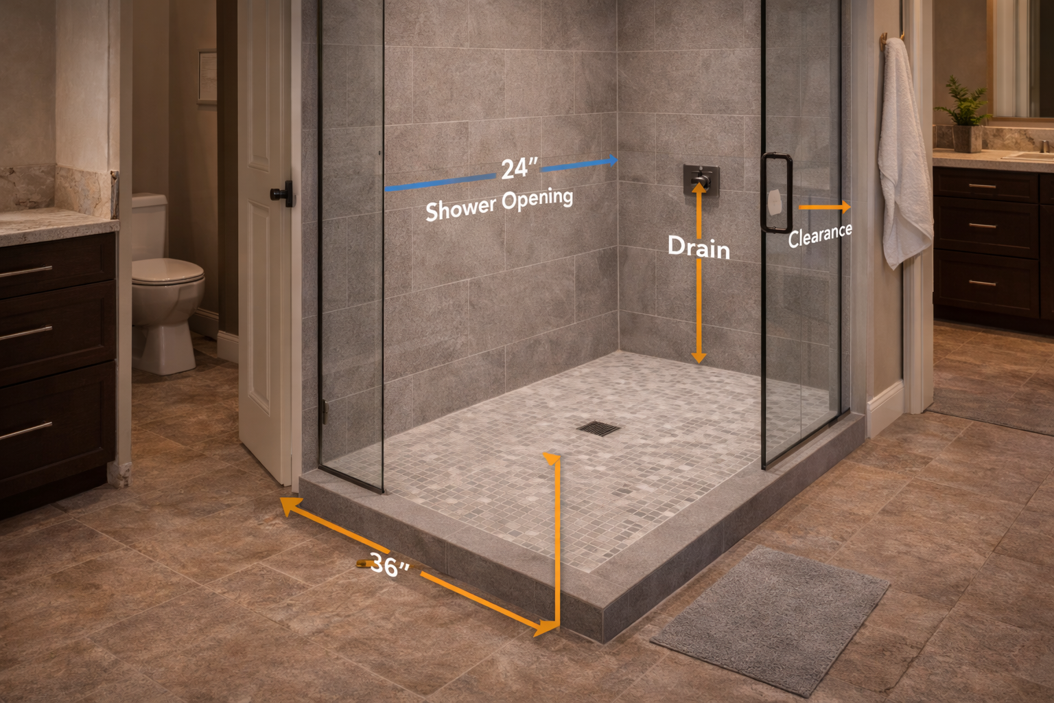 Tub-to-shower conversion layout plan showing drain location, entry width, wall length, and available floor clearance