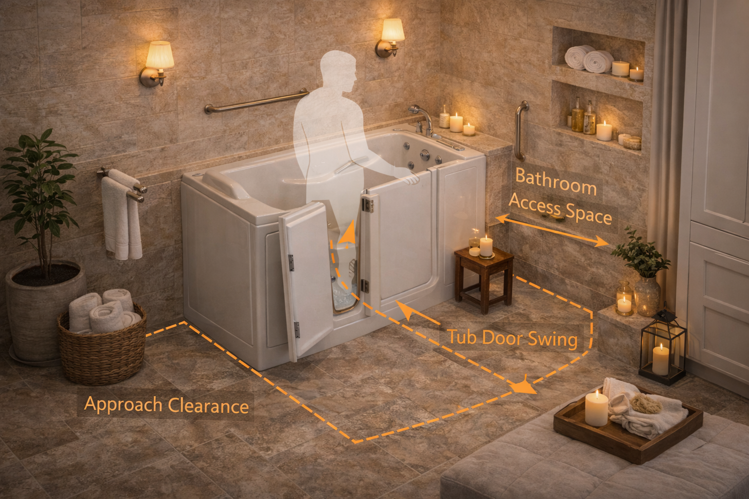 Walk-in Bathtub with layout, room, size, affect