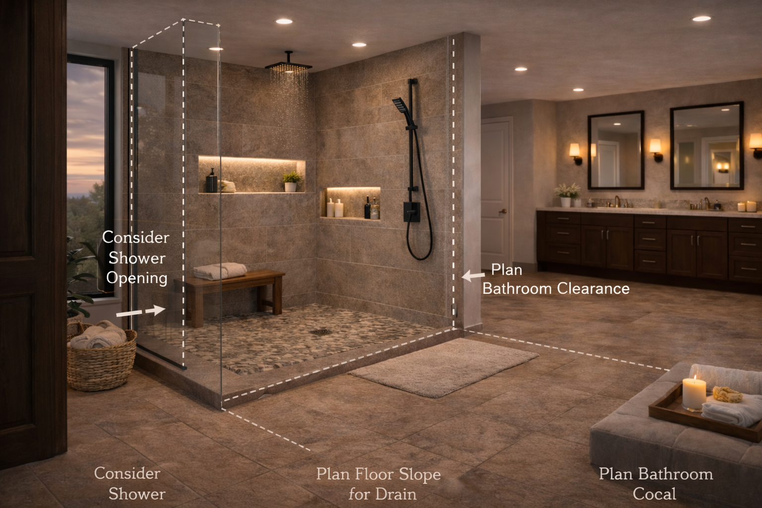 Walk-in shower layout with shower opening, floor slope, and bathroom clearance planning details
