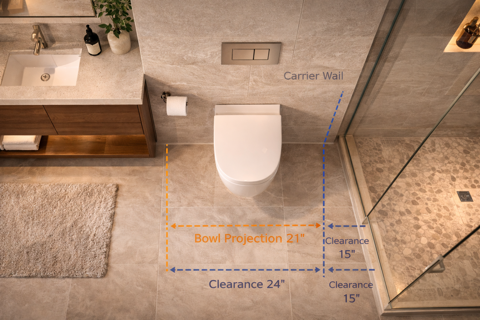 Wall-mounted toilet layout plan showing carrier depth, bowl projection, side clearances, and wall framing space