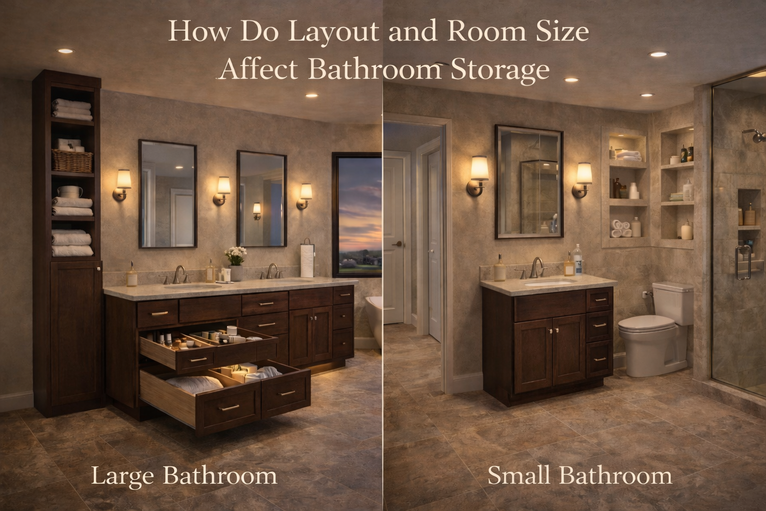 Bathroom storage layout plan showing cabinet depth, drawer access, wall space use, and circulation around fixtures