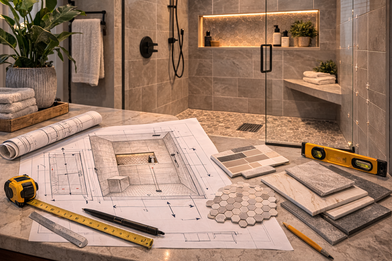 Shower tile layout plan showing wall dimensions, niche placement, pattern breaks, floor slope, and grout line alignment