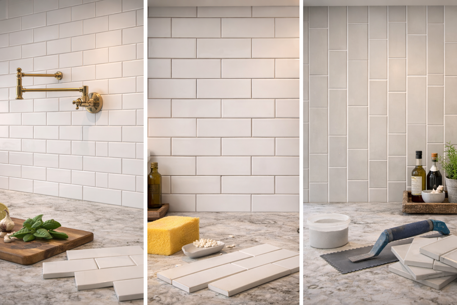 Subway tile backsplash patterns with stacked rows, offset layouts, and vertical runs