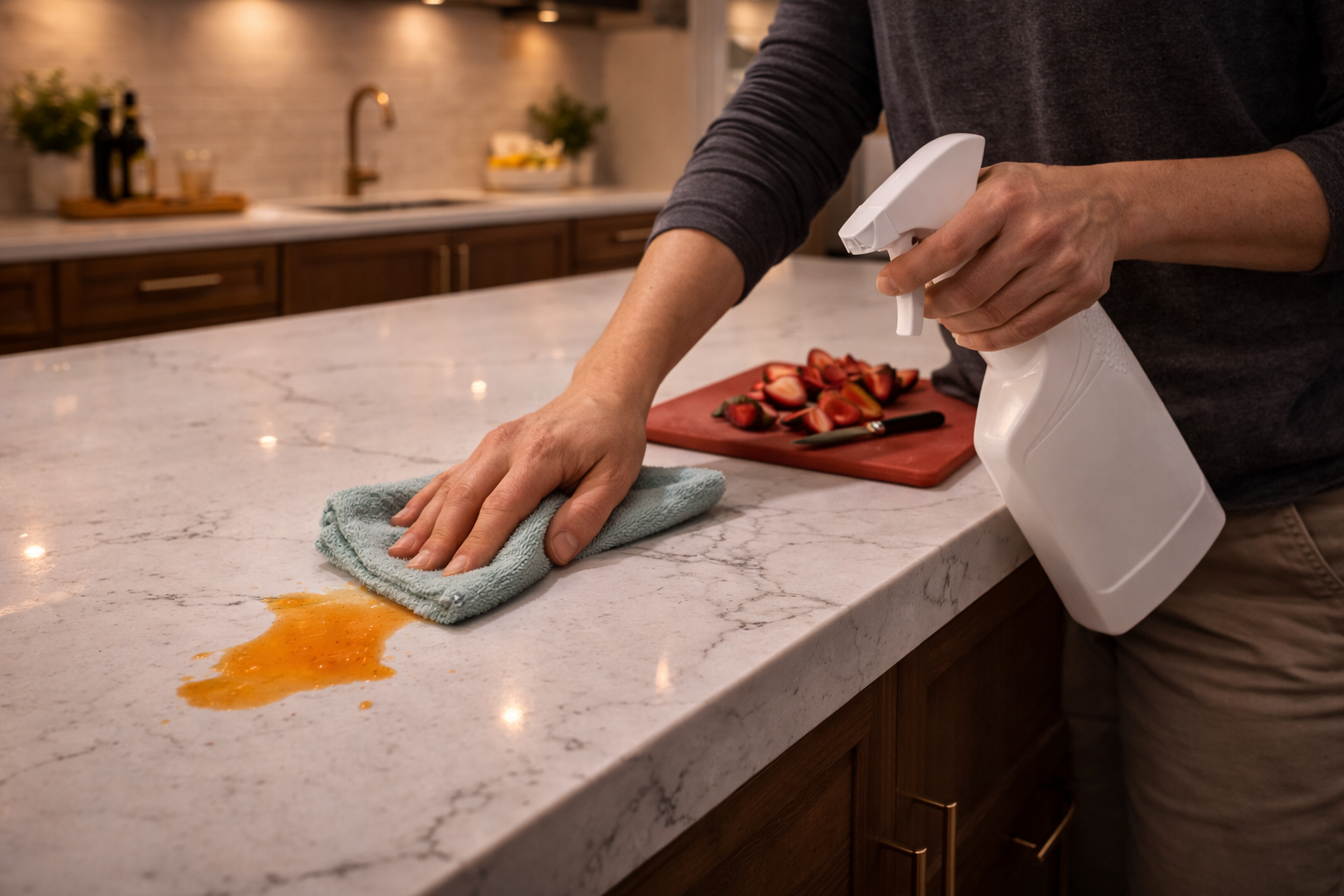 Quartz countertop in daily use with prep space, sink access, stain resistance, and a low-maintenance kitchen surface