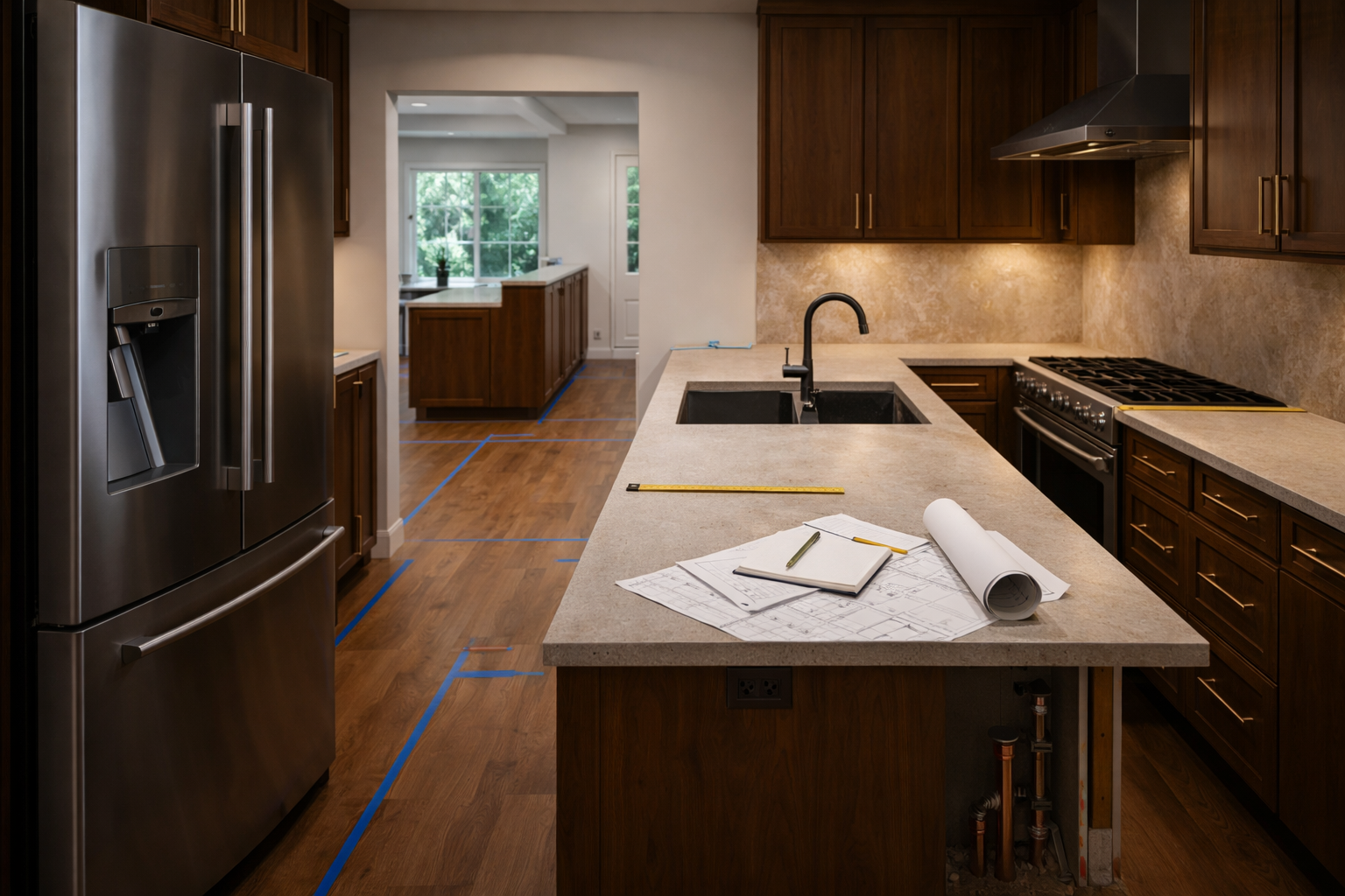 Kitchen layout planning with sink move and appliance zones