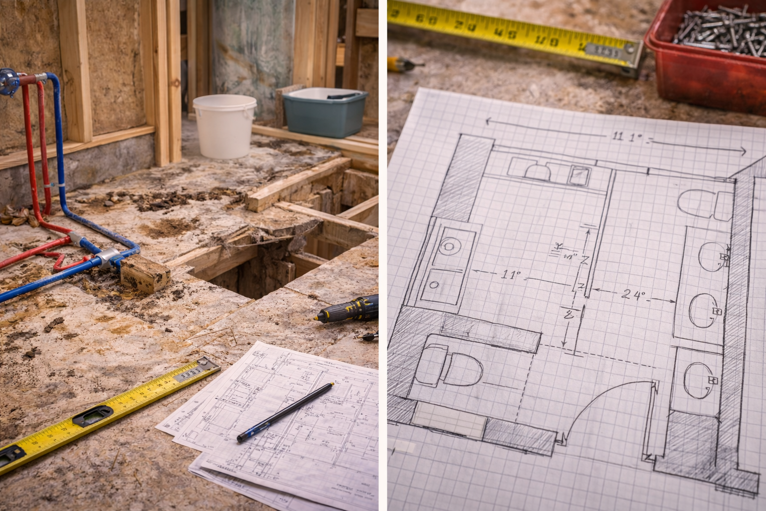 Bathroom layout plan showing fixture spacing, plumbing line positions, wall constraints, and clearance zones around major elements
