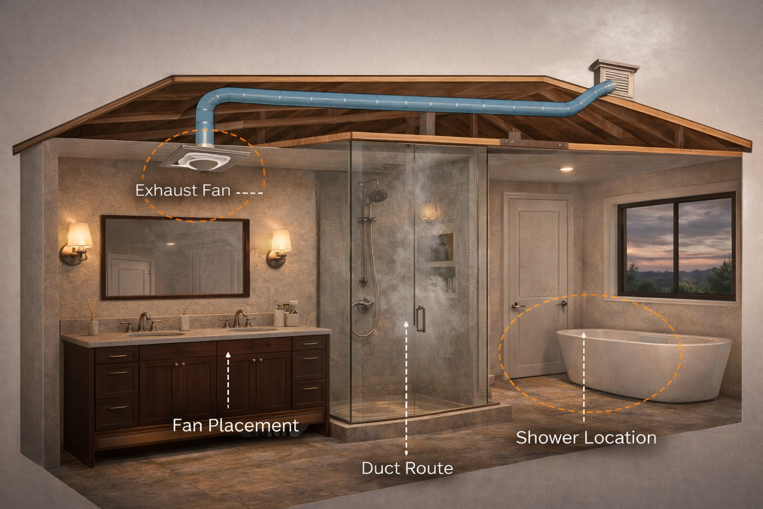 Bathroom cutaway showing exhaust fan placement, duct route, shower location, and tub layout