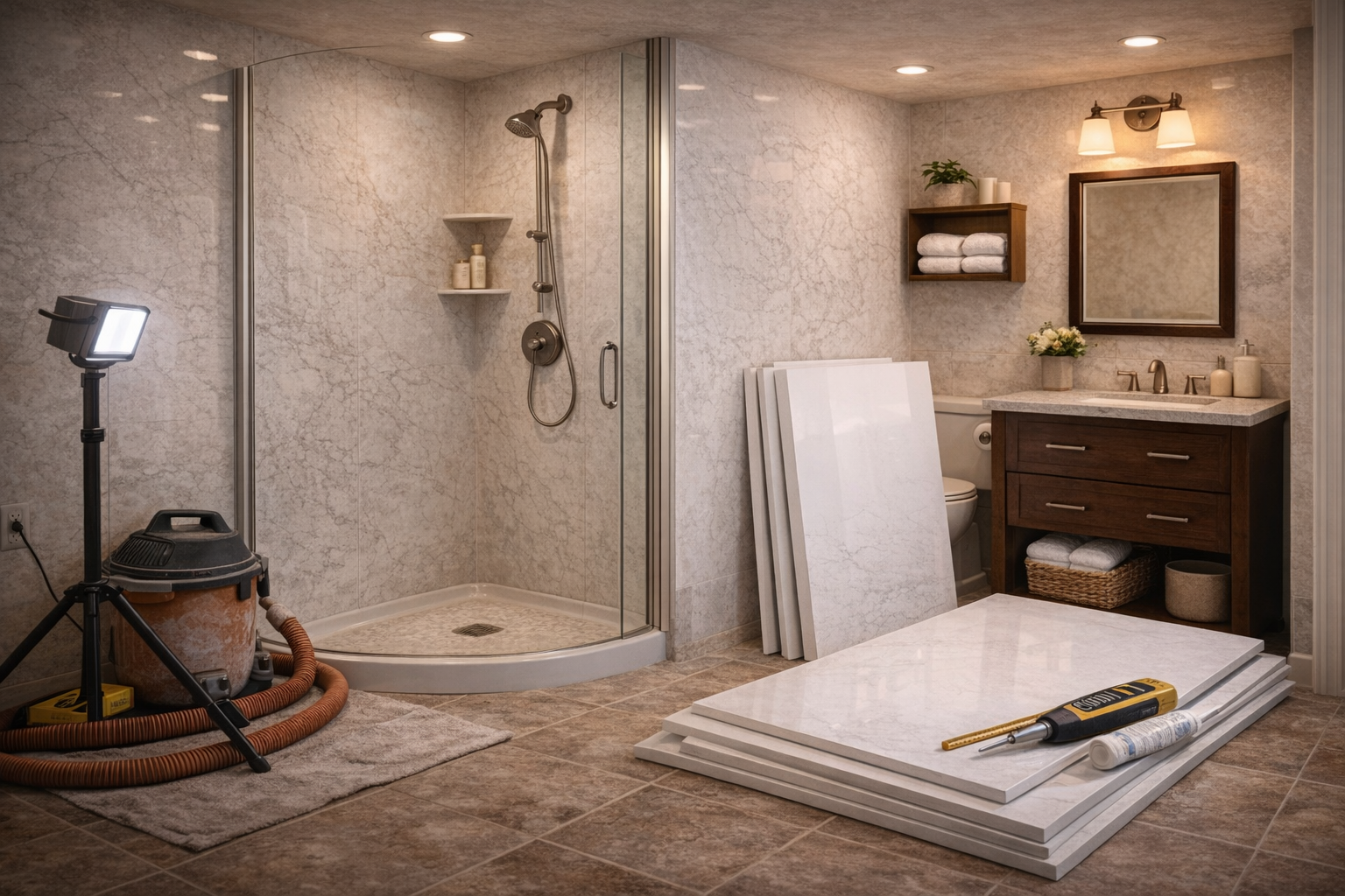Bathroom wall panel layout plan showing panel widths, seam locations, corner treatment, and wall coverage around fixtures