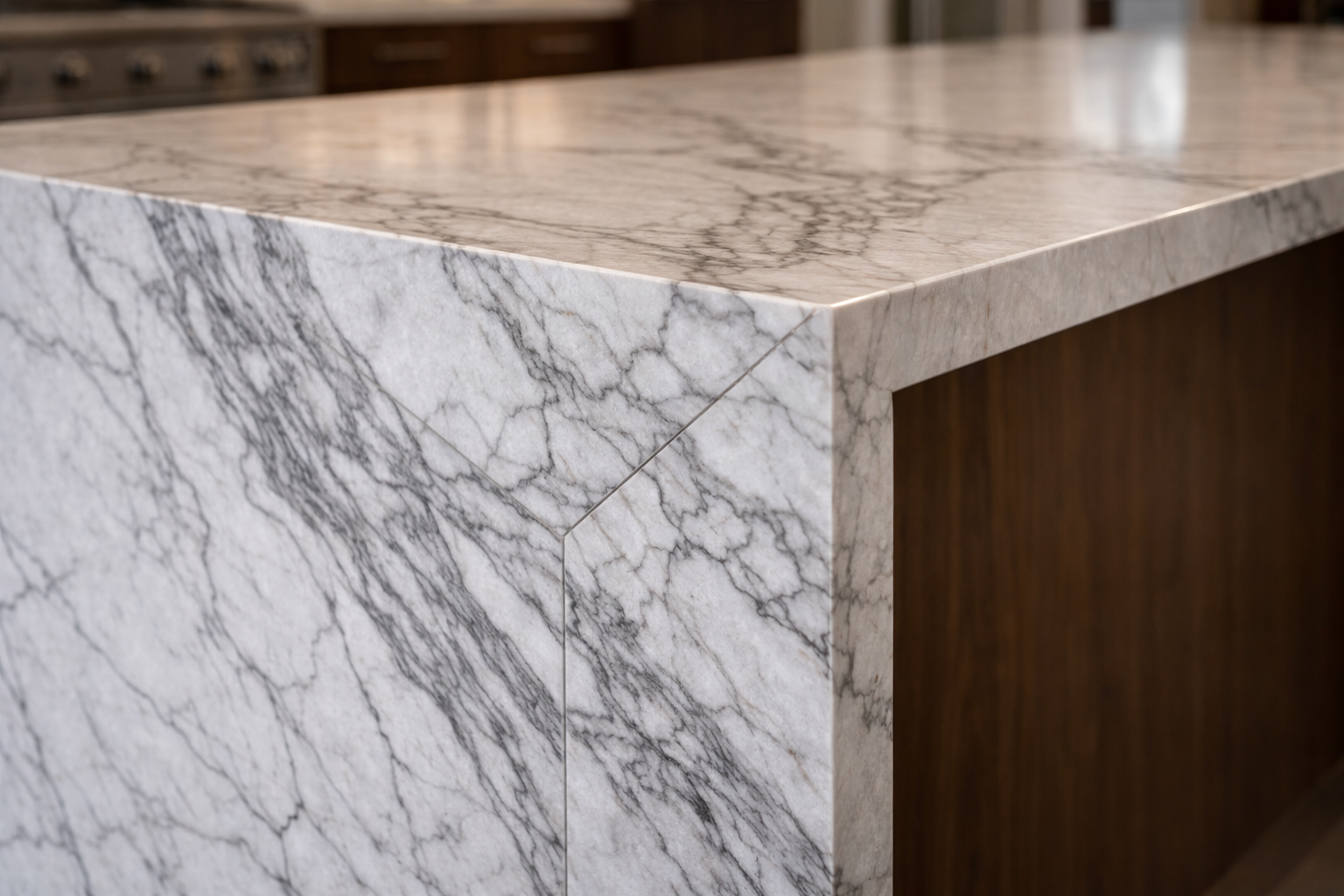 Waterfall island seam and veining image with mitered edges slab layout and bookmatched pattern planning