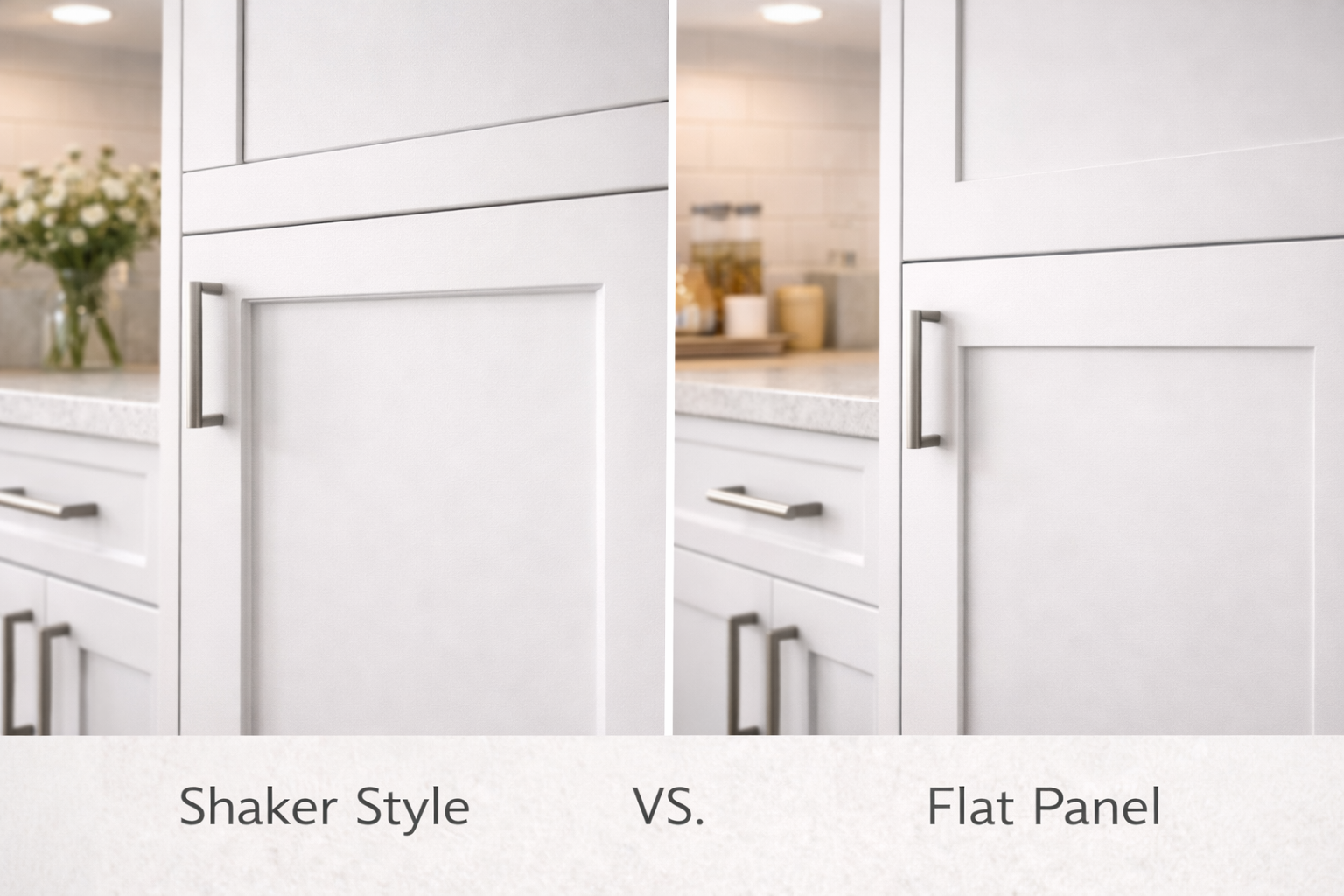 Shaker cabinet comparison showing a simpler recessed-panel look beside flatter or more decorative cabinet door styles