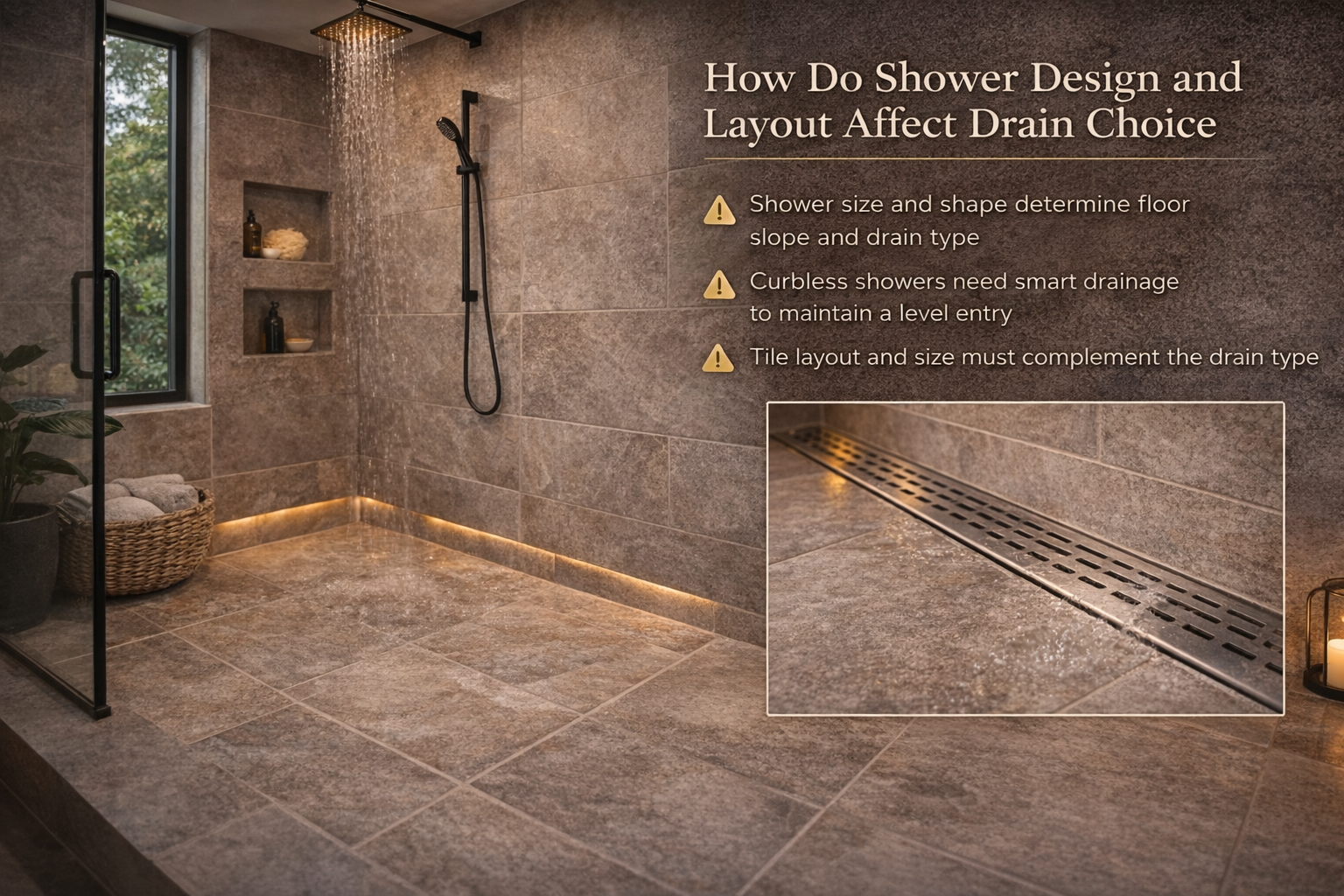 Shower drain layout plan showing drain location, floor slope direction, shower size, and tile layout coordination