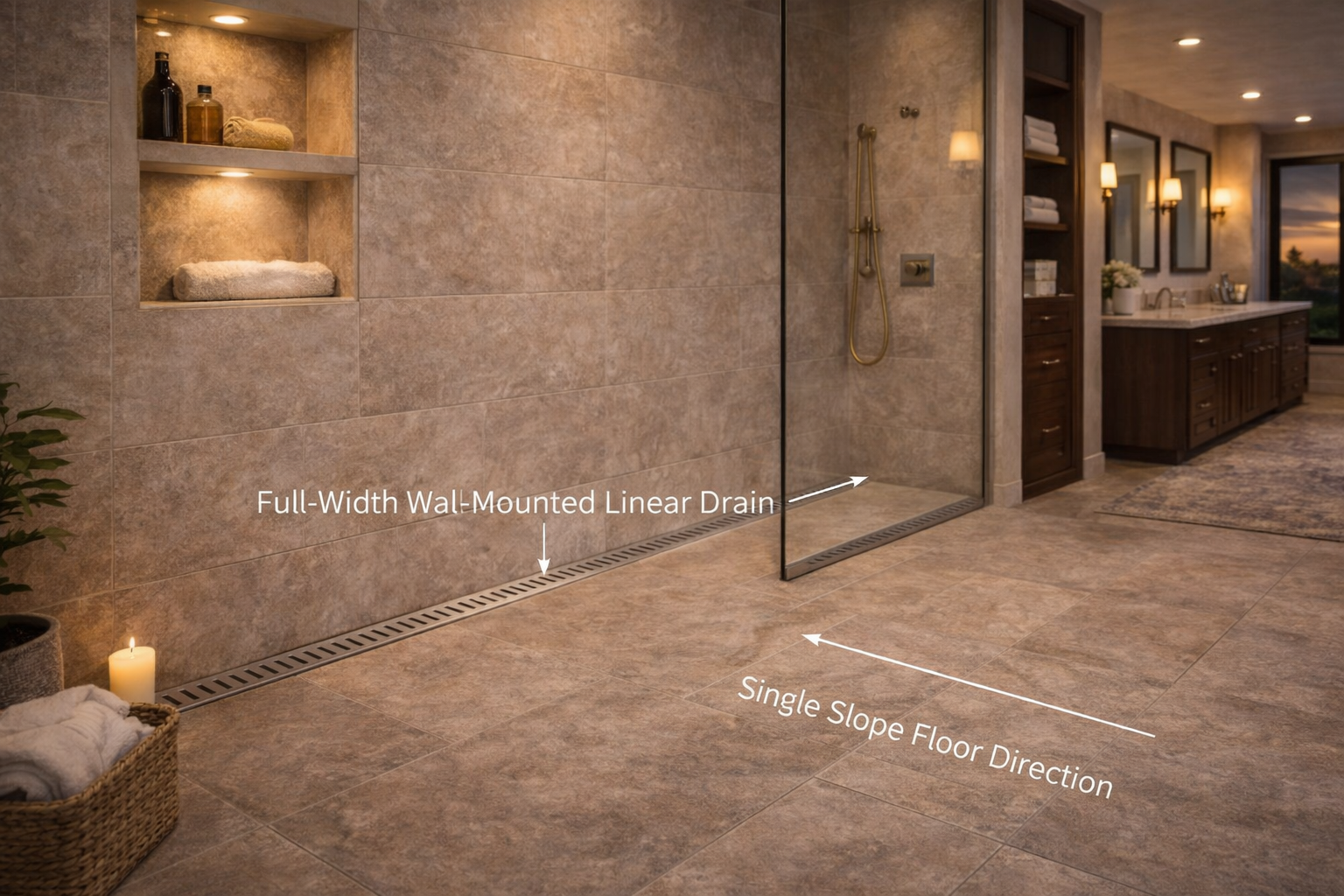 Linear drain layout plan showing drain position, floor slope direction, shower width, and tile pattern coordination