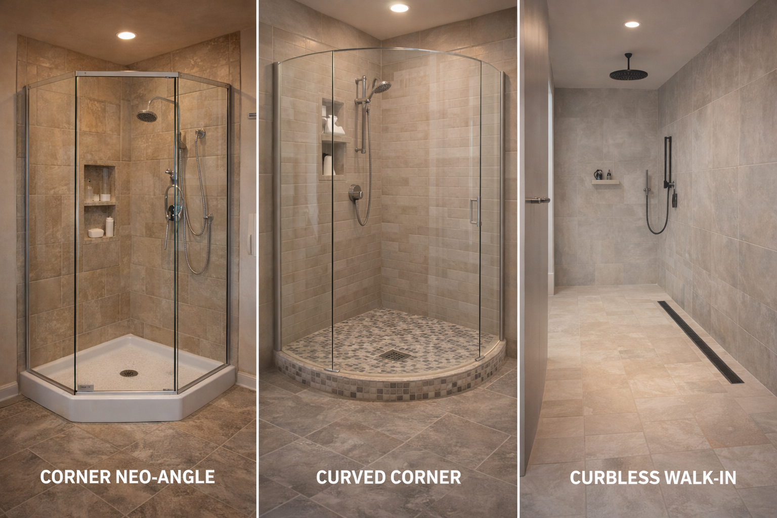 Shower pan layout plan showing pan size, drain placement, curb position, entry width, and floor slope planning