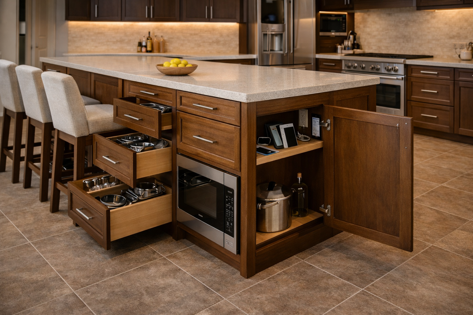 Kitchen island combining seating with drawer and cabinet storage