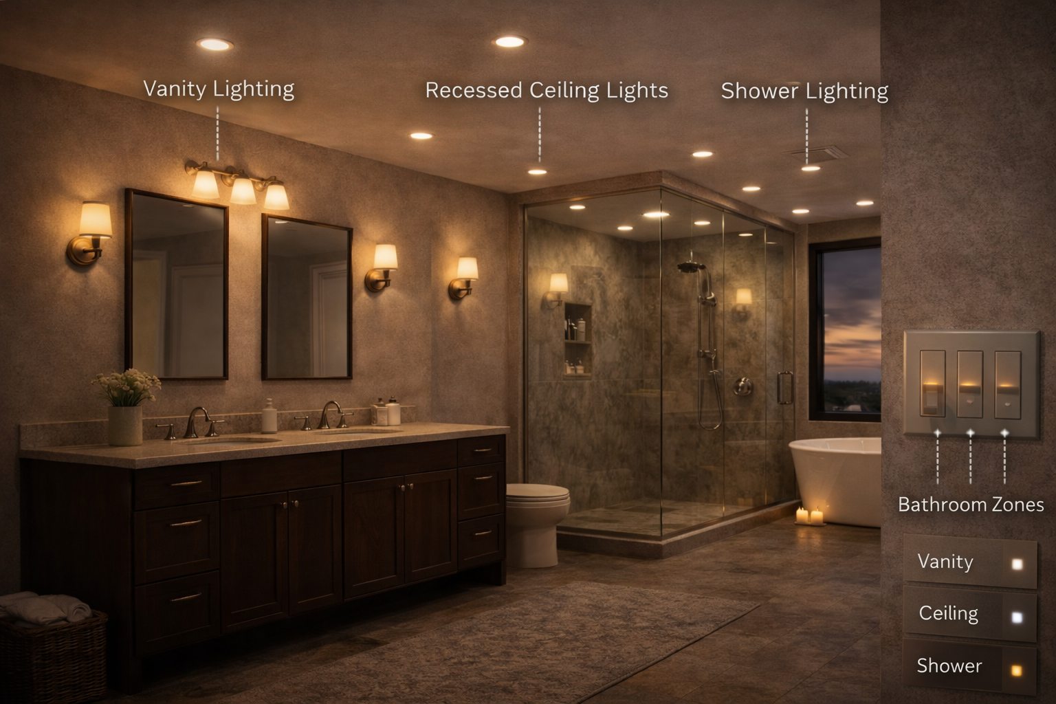 Bathroom lighting layout plan showing vanity fixture spacing, ceiling light placement, mirror alignment, and switch grouping