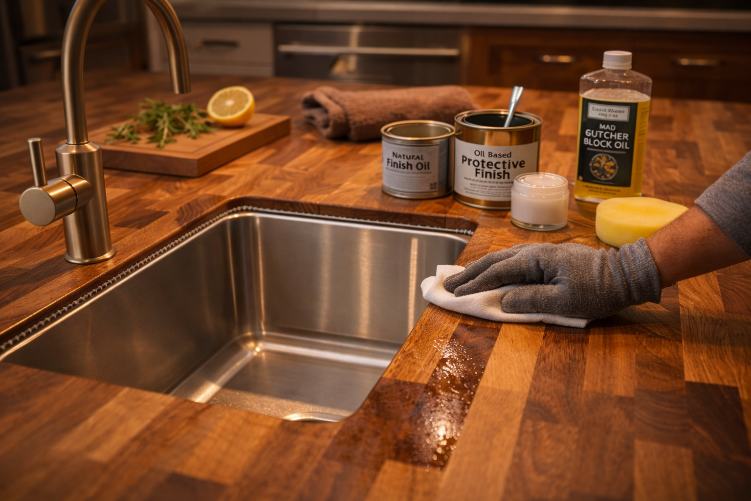 Butcher block countertop care with finish coats, regular oiling or sealing, moisture protection, and cleaning around sink areas