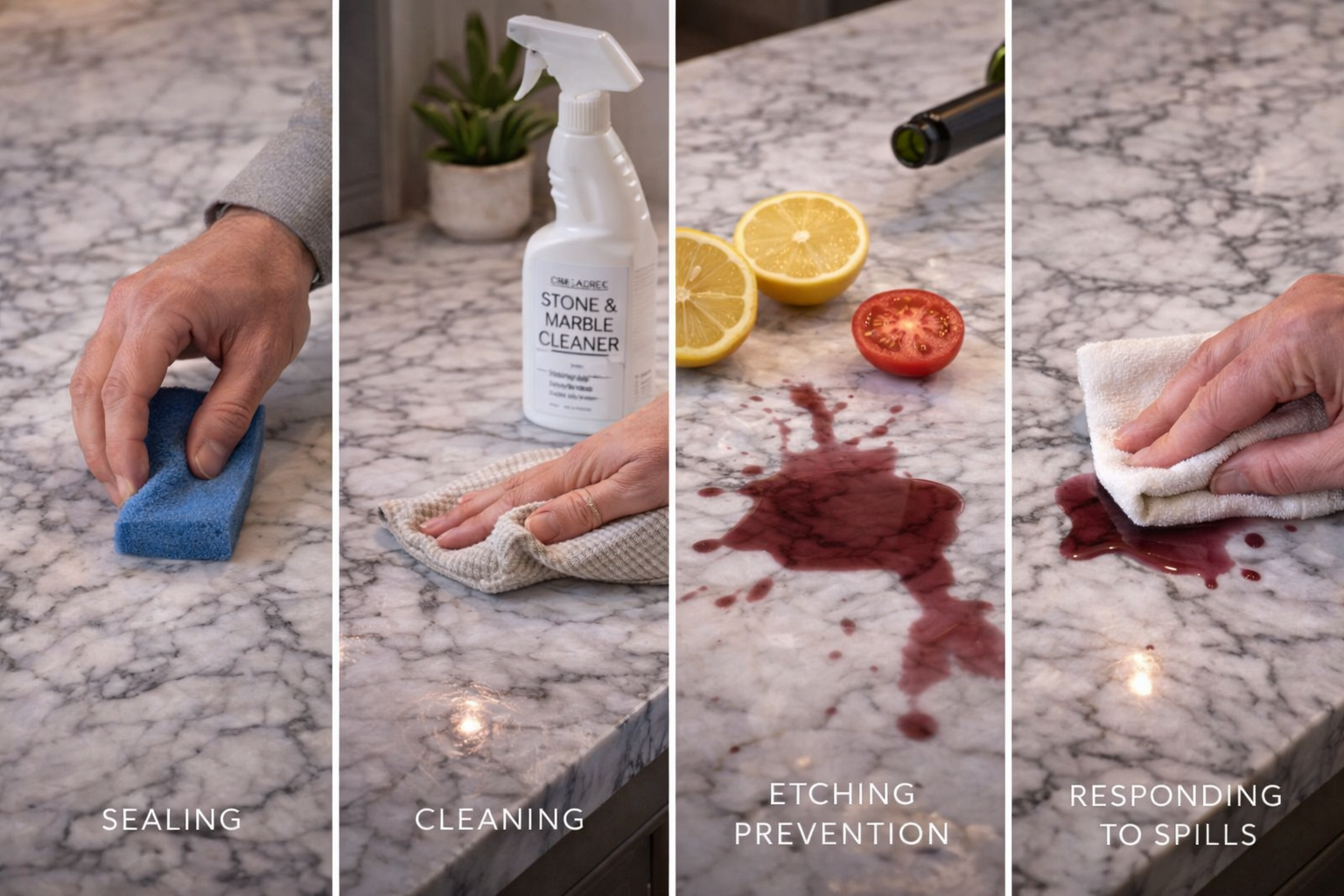 Marble countertop care with sealed stone surfaces, regular wipe-downs, stain prevention, and gentle cleaning around food prep areas